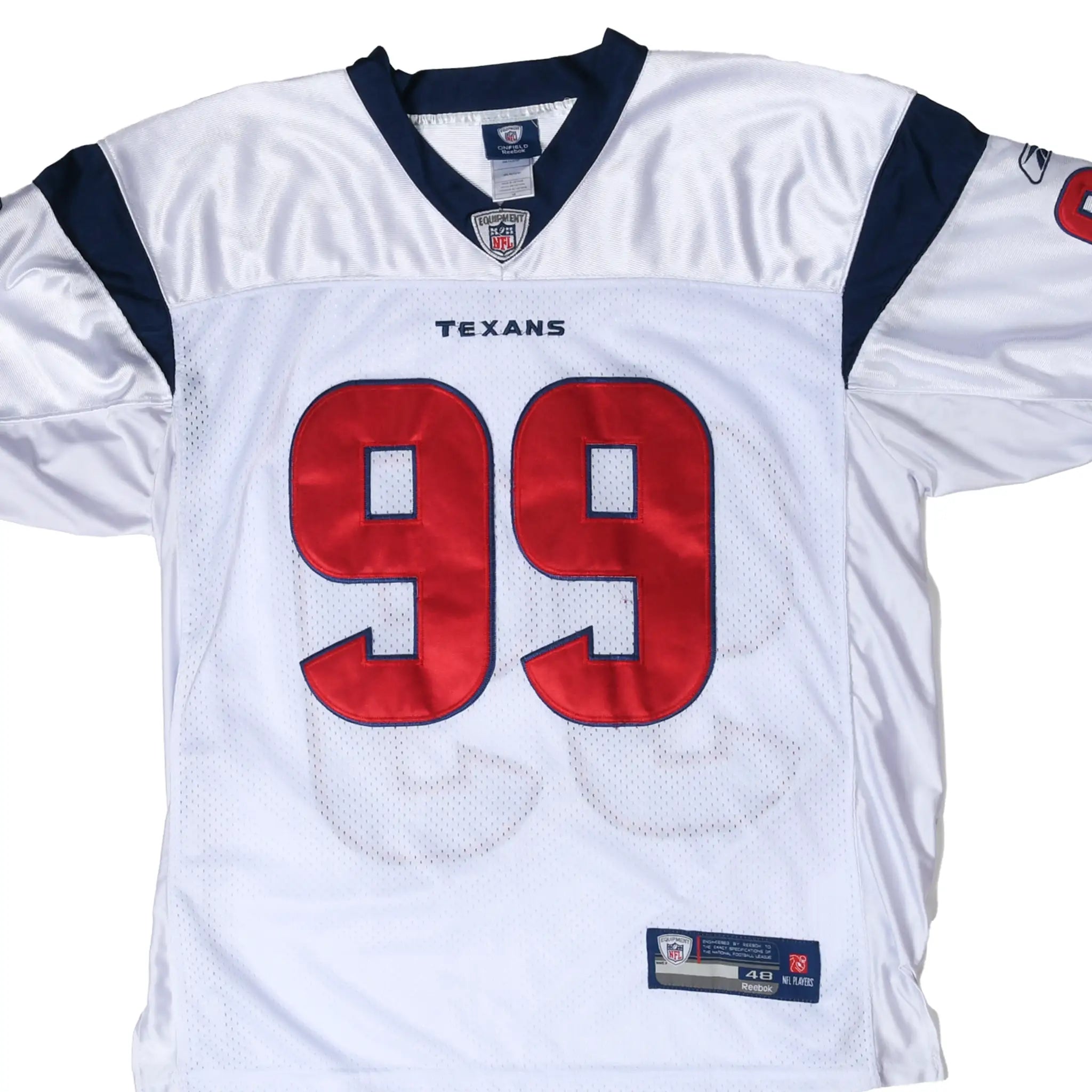 Front of white Houston Texans Reebok jersey with red number 99 and navy shoulder panels