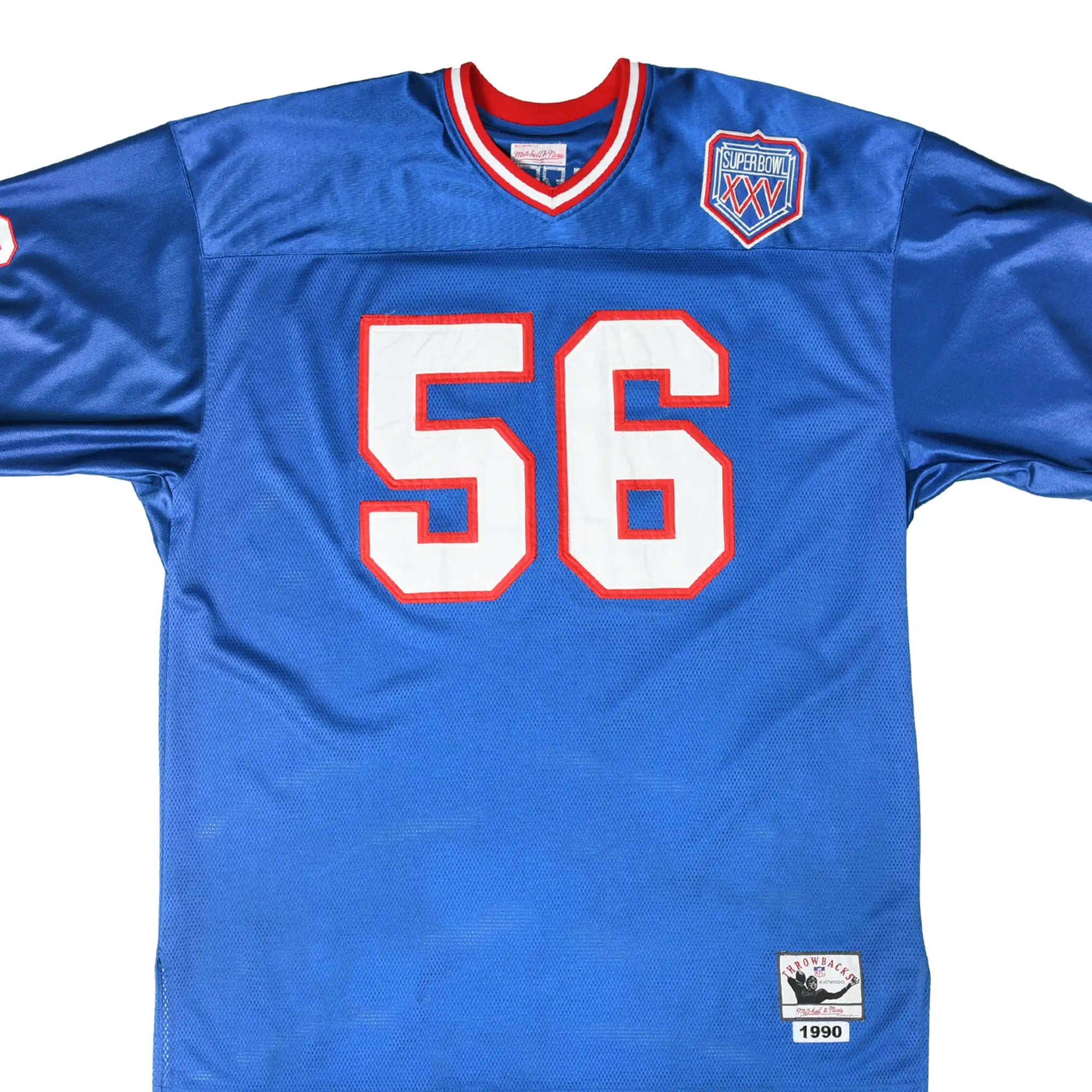 Front close-up of blue New York Giants Taylor 56 jersey with Super Bowl XXV patch