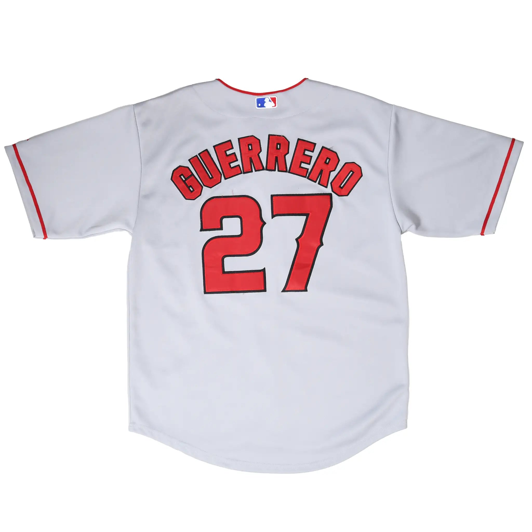 Back of gray Los Angeles Angels jersey with Guerrero name and red number 27