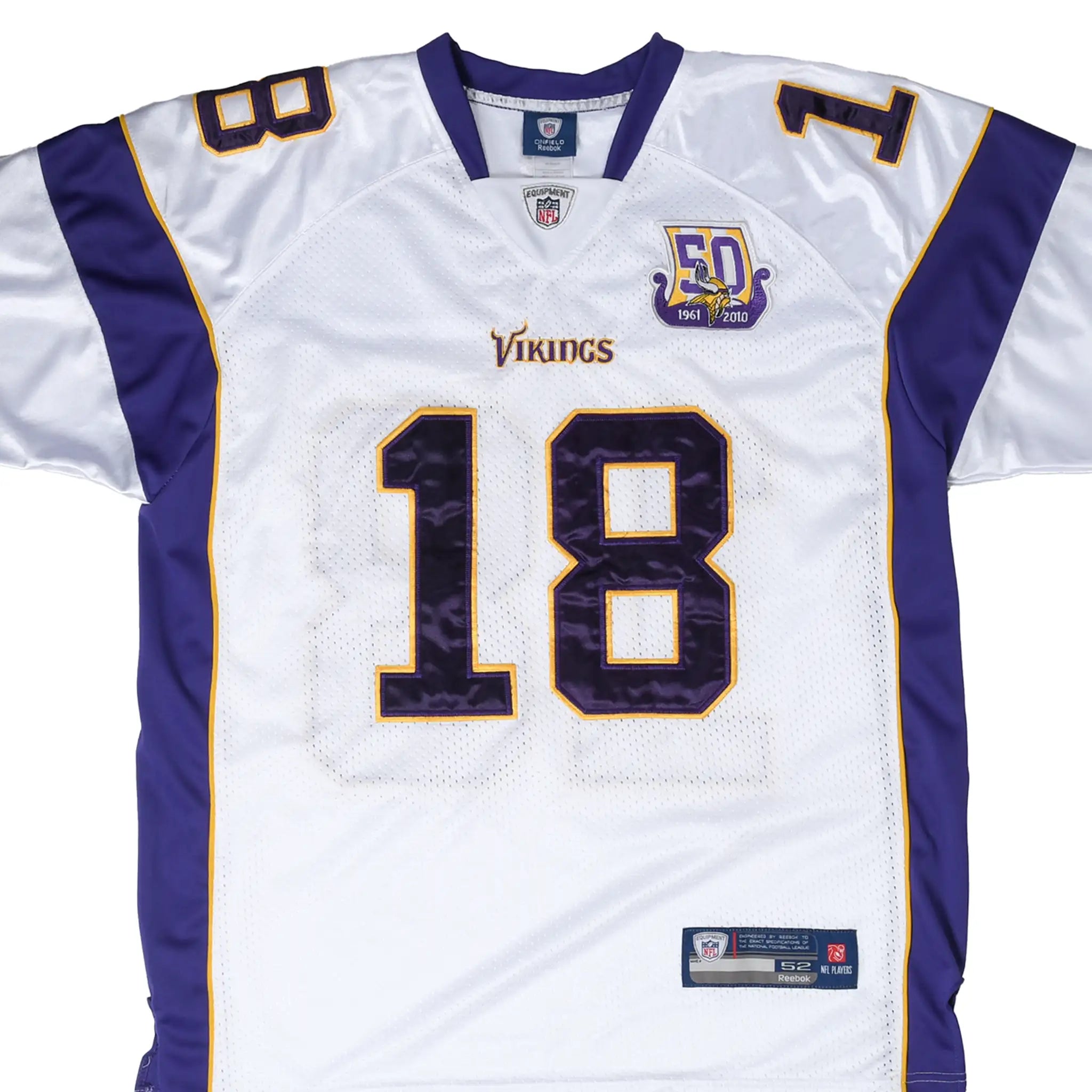 Front of white Reebok Minnesota Vikings Rice #18 jersey with purple panels and 50th anniversary patch