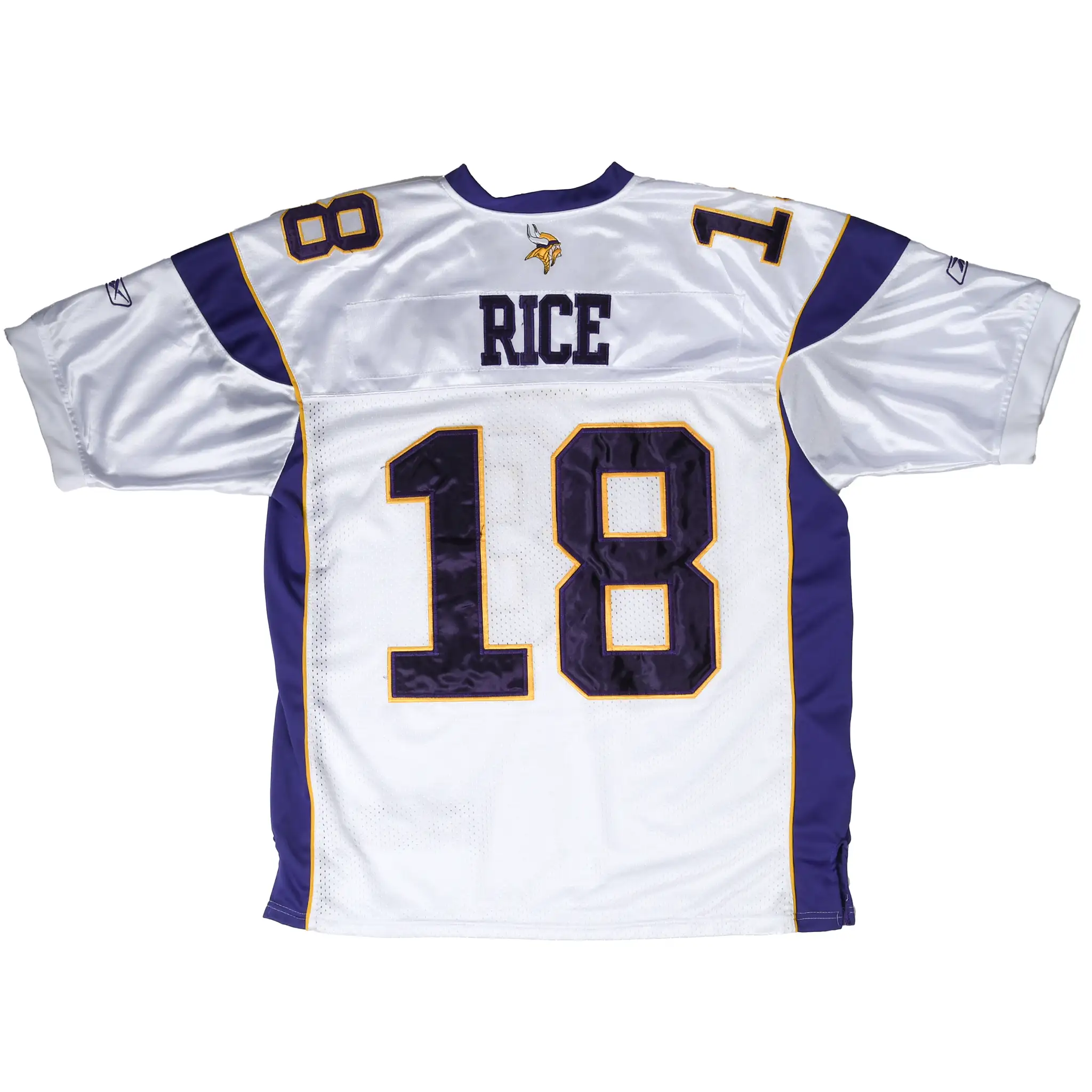 Back of white Minnesota Vikings jersey with Rice name and purple number 18