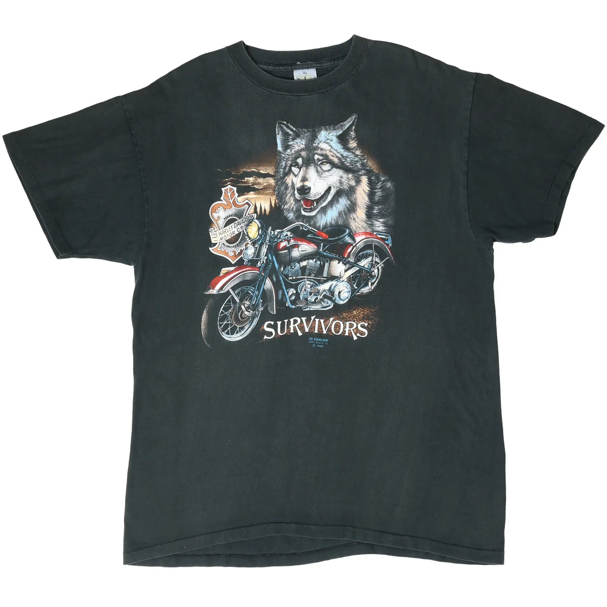 Full front view of black Harley-Davidson T-shirt with wolf and red motorcycle graphic