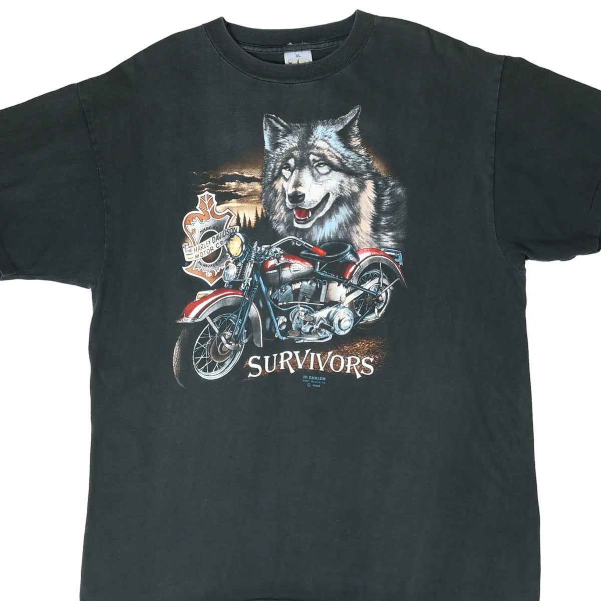 Front of black Harley-Davidson T-shirt with wolf, motorcycle, and Survivors graphic