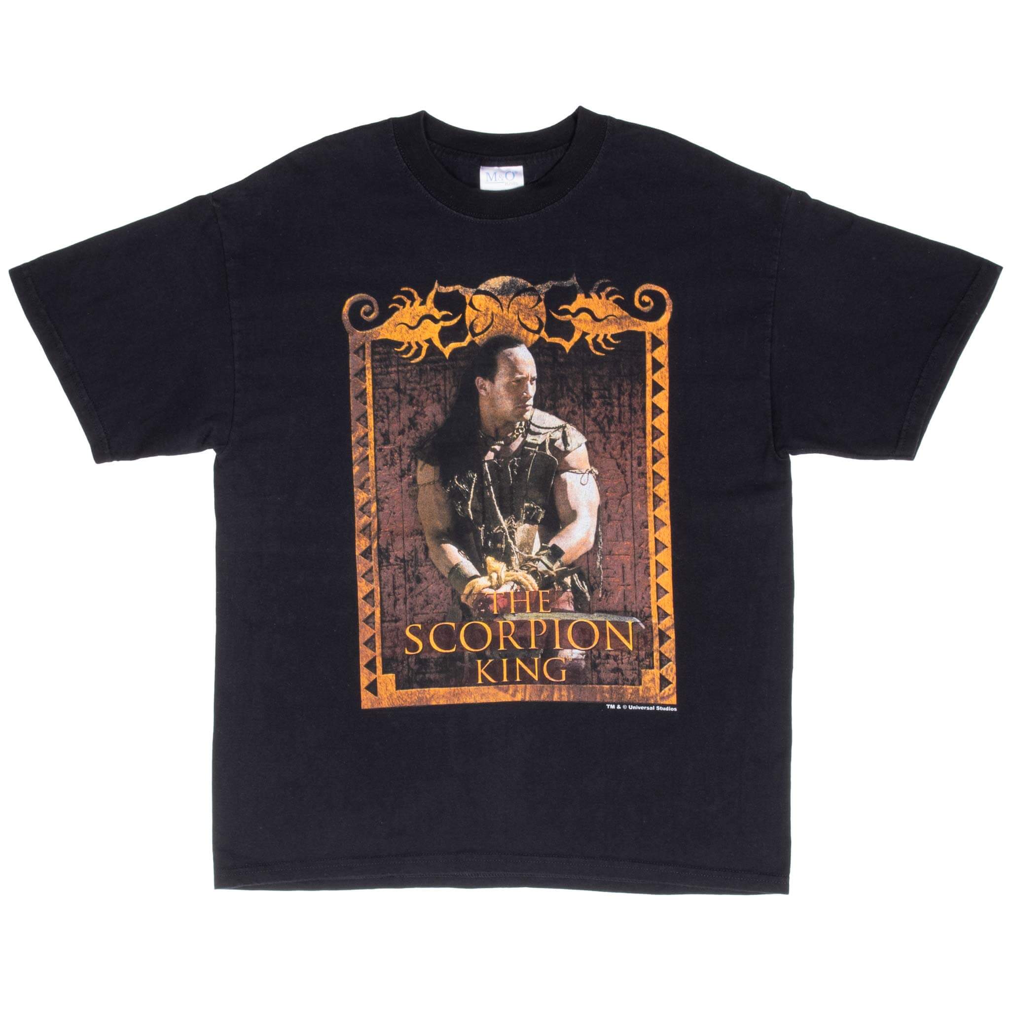 Full front view of black The Scorpion King movie T-shirt with large character print