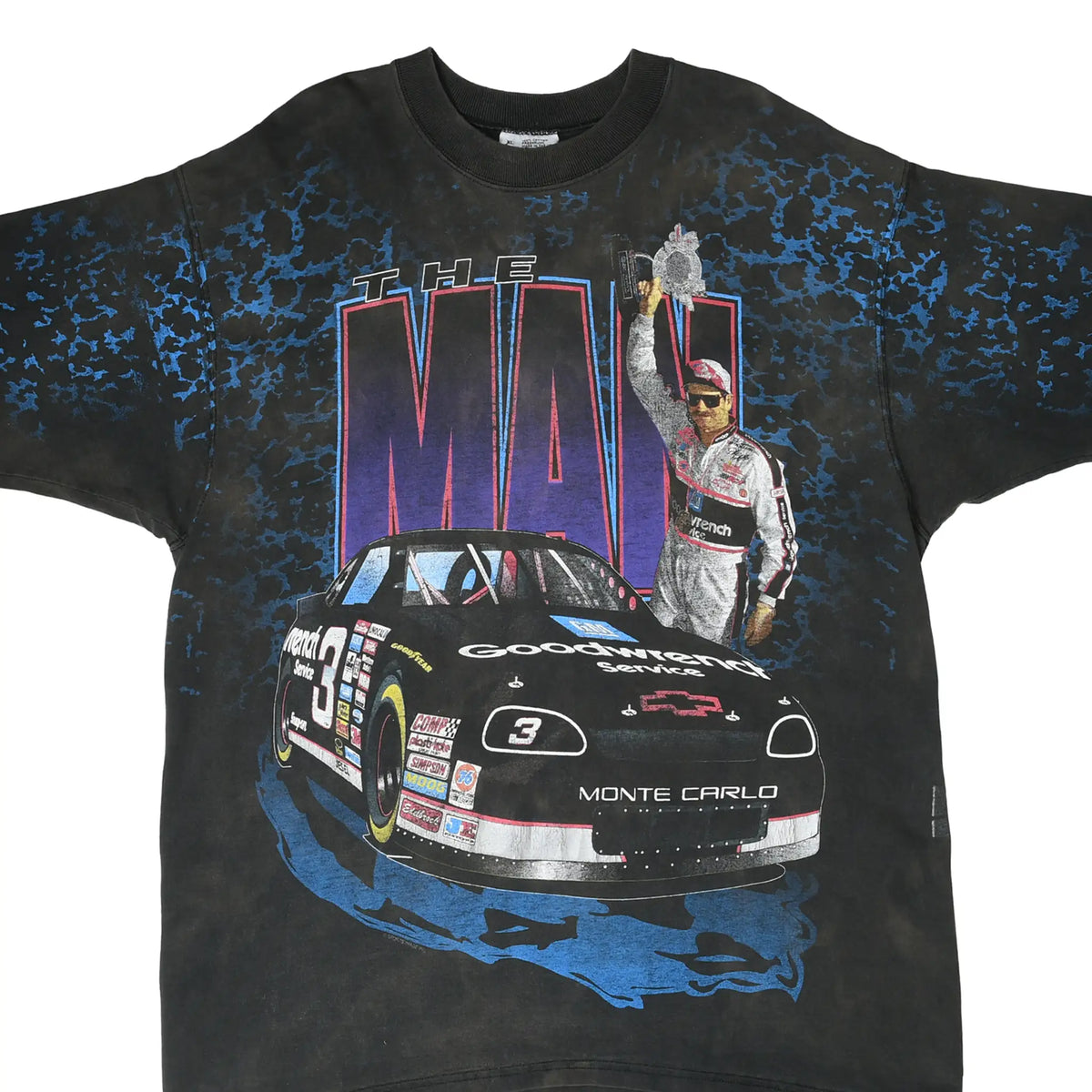 Front graphic of black Dale Earnhardt NASCAR tee with driver and black No. 3 Monte Carlo