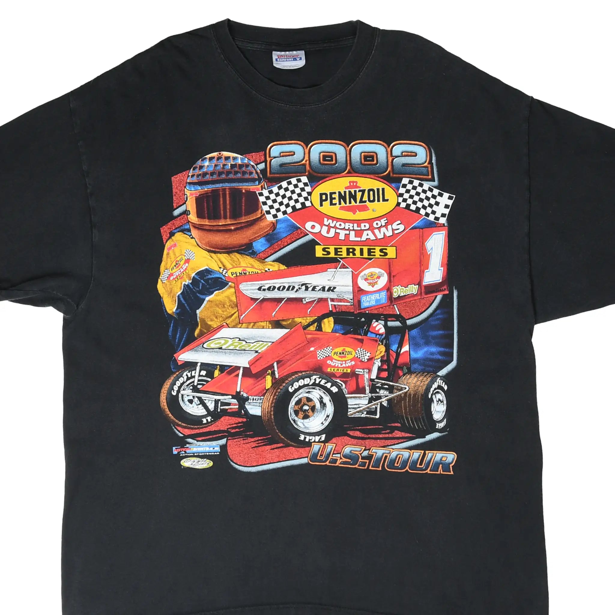Front of black 2002 Pennzoil World of Outlaws Series T-shirt with driver and sprint car graphic