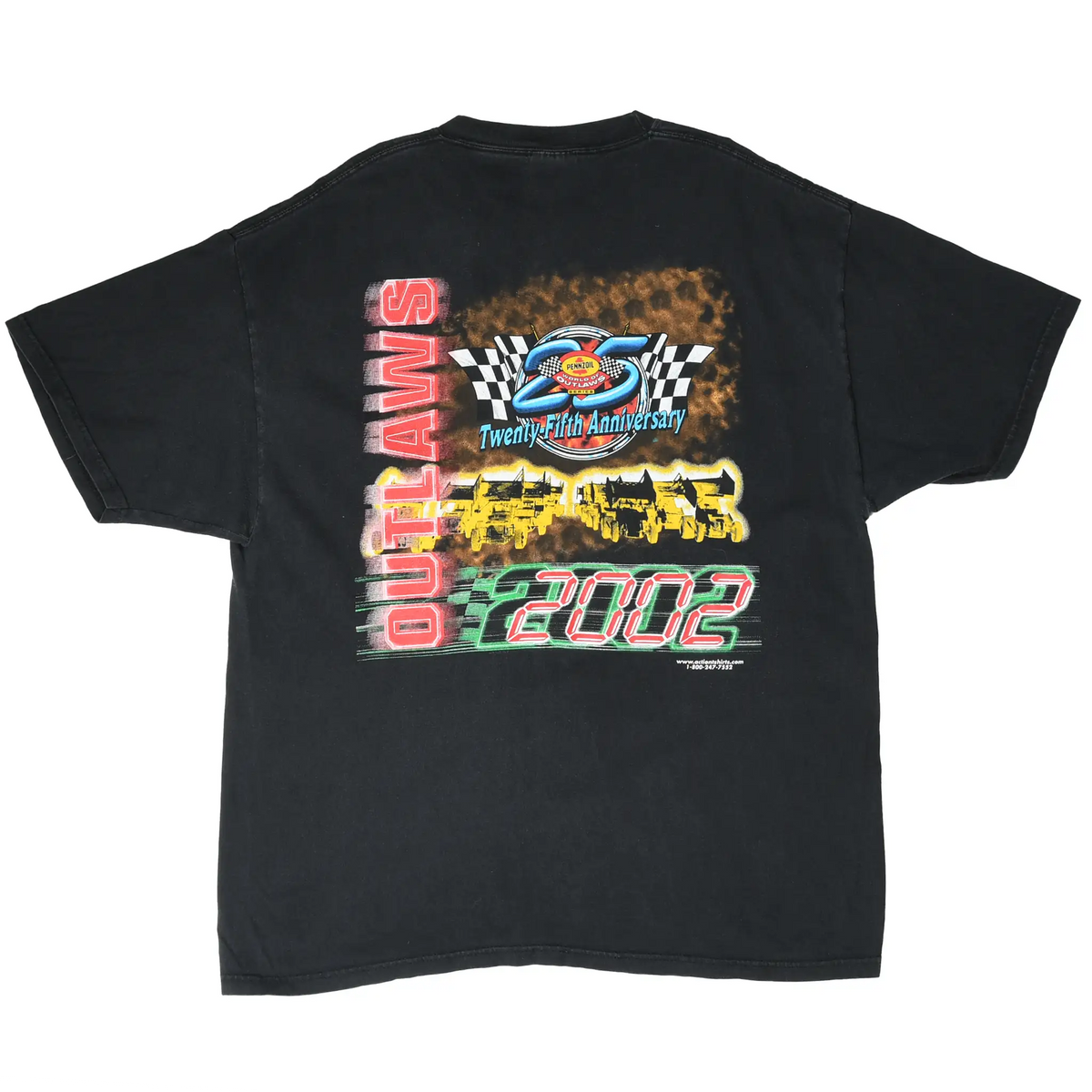 Back of black World of Outlaws T-shirt with 25th anniversary sprint car graphic and 2002 text