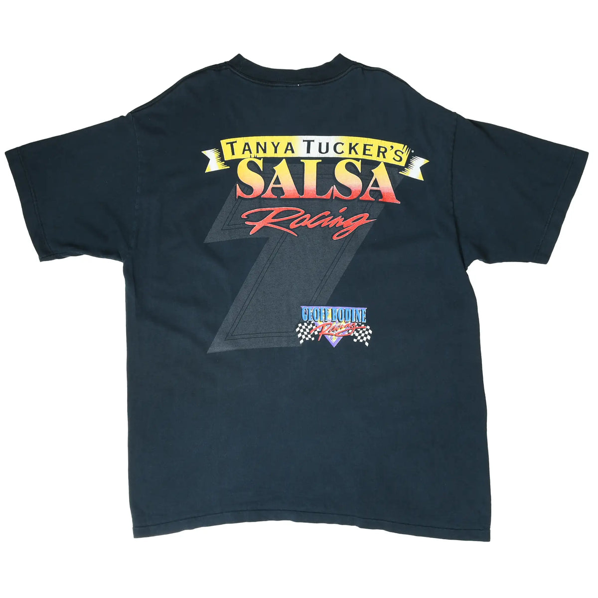 Back of black T-shirt with Tanya Tucker's Salsa Racing and George Boudine Racing graphics