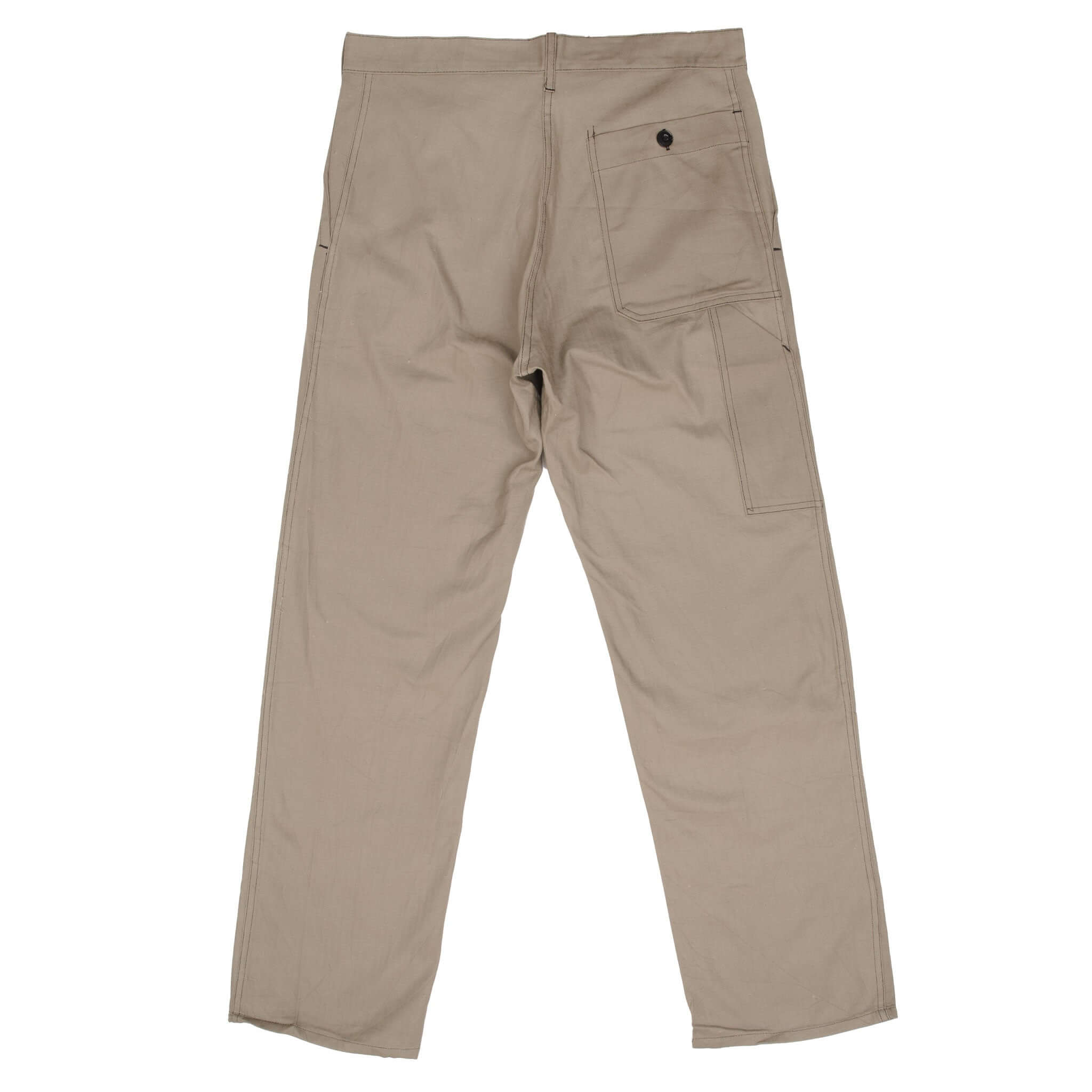 Back view of khaki French workwear trousers with buttoned pocket and utility pocket