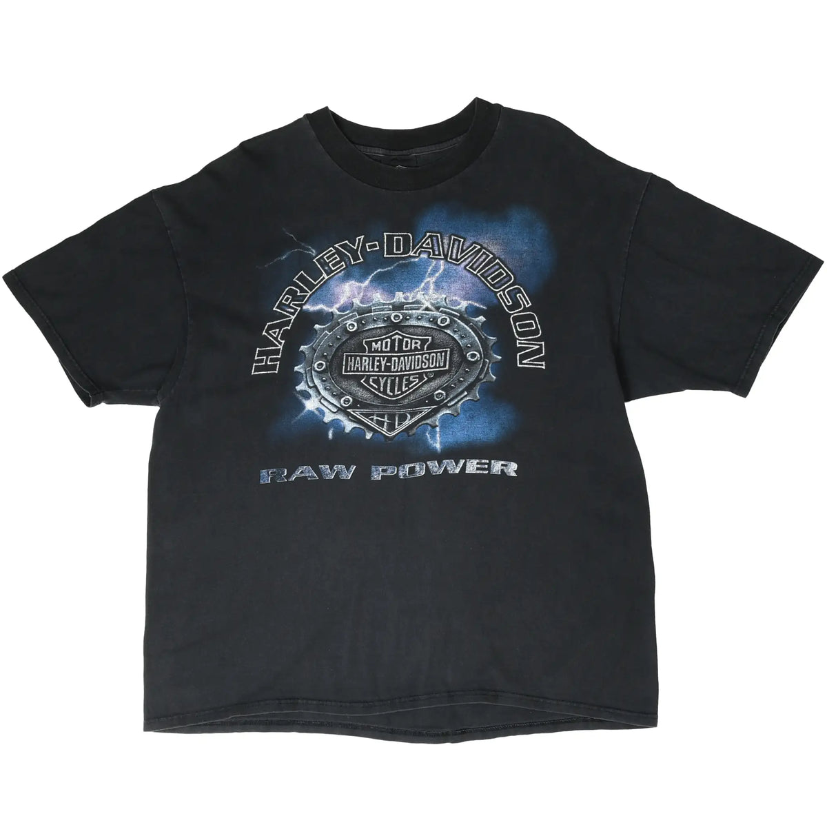 Full front view of black Harley-Davidson T-shirt with lightning emblem and Raw Power print