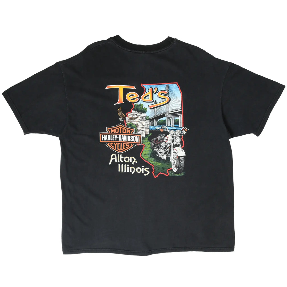 Back of black Harley-Davidson T-shirt with Ted's Alton, Illinois motorcycle graphic