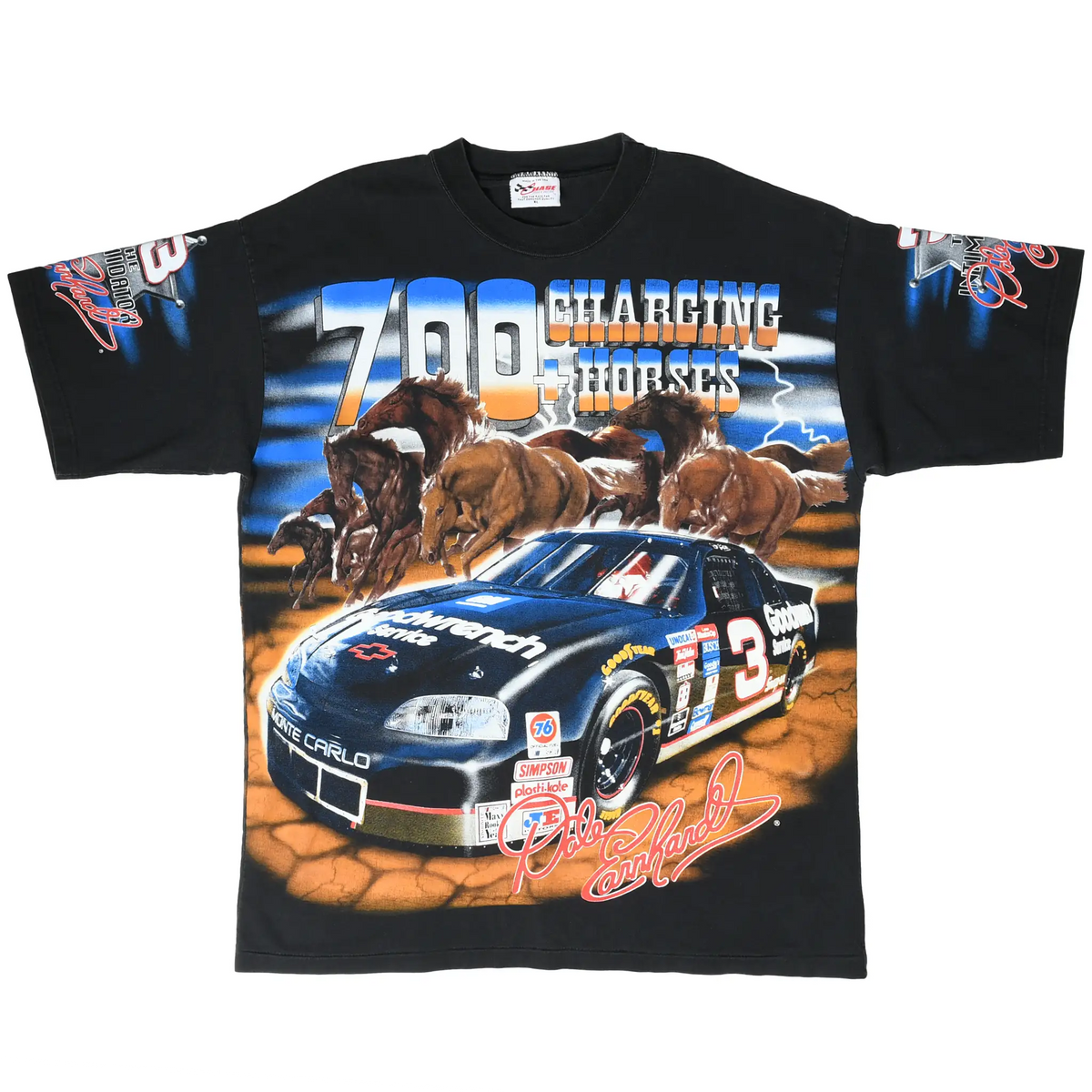 Full front view of black Dale Earnhardt tee with No. 3 Goodwrench car and charging horses graphic