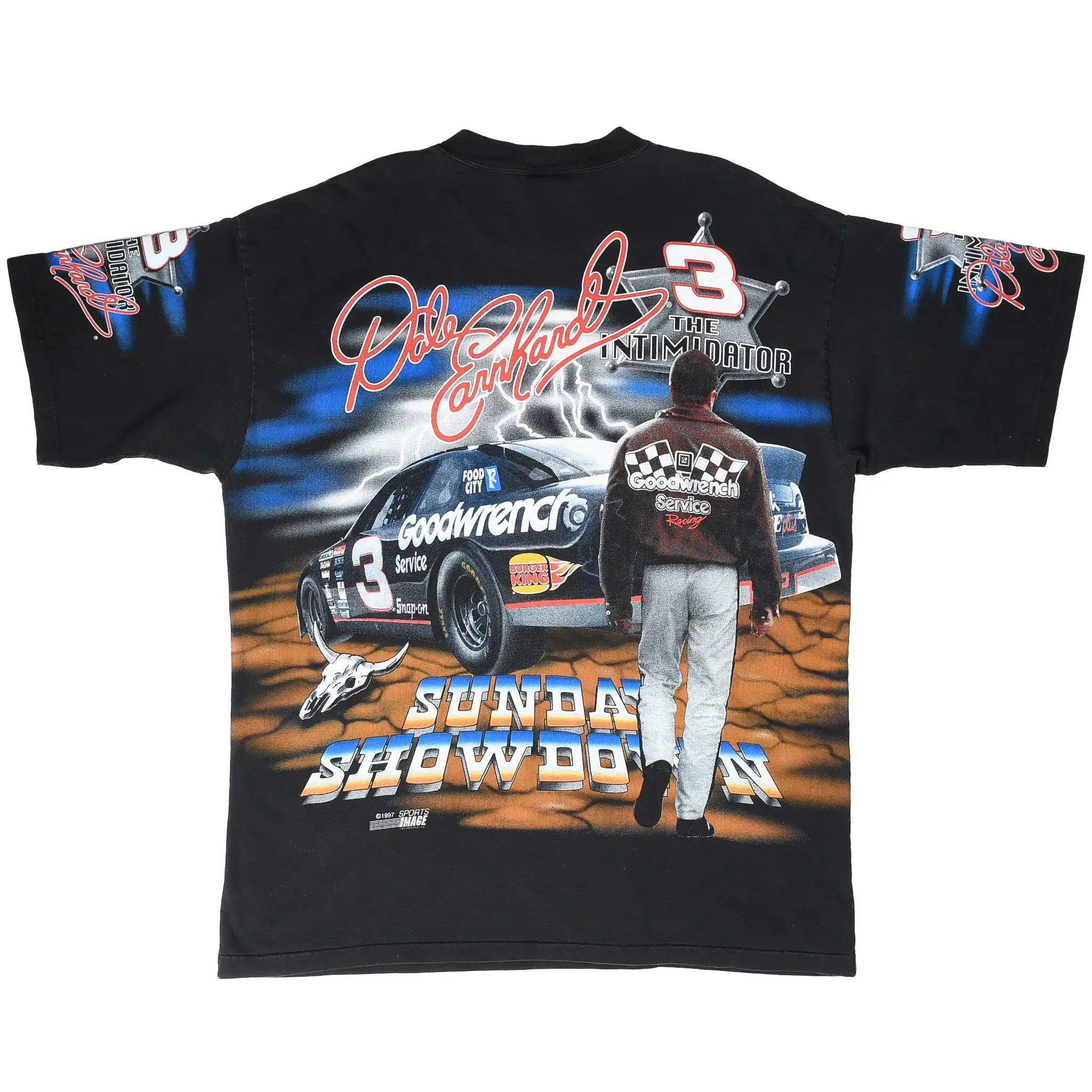 Back of black Dale Earnhardt NASCAR tee with No. 3 car, driver graphic, and Sunday Showdown text