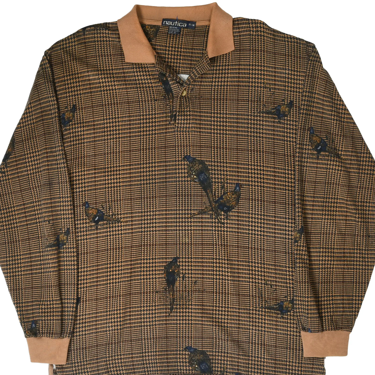 Front view of brown plaid Nautica polo with pheasant print, long sleeves, and tan trim