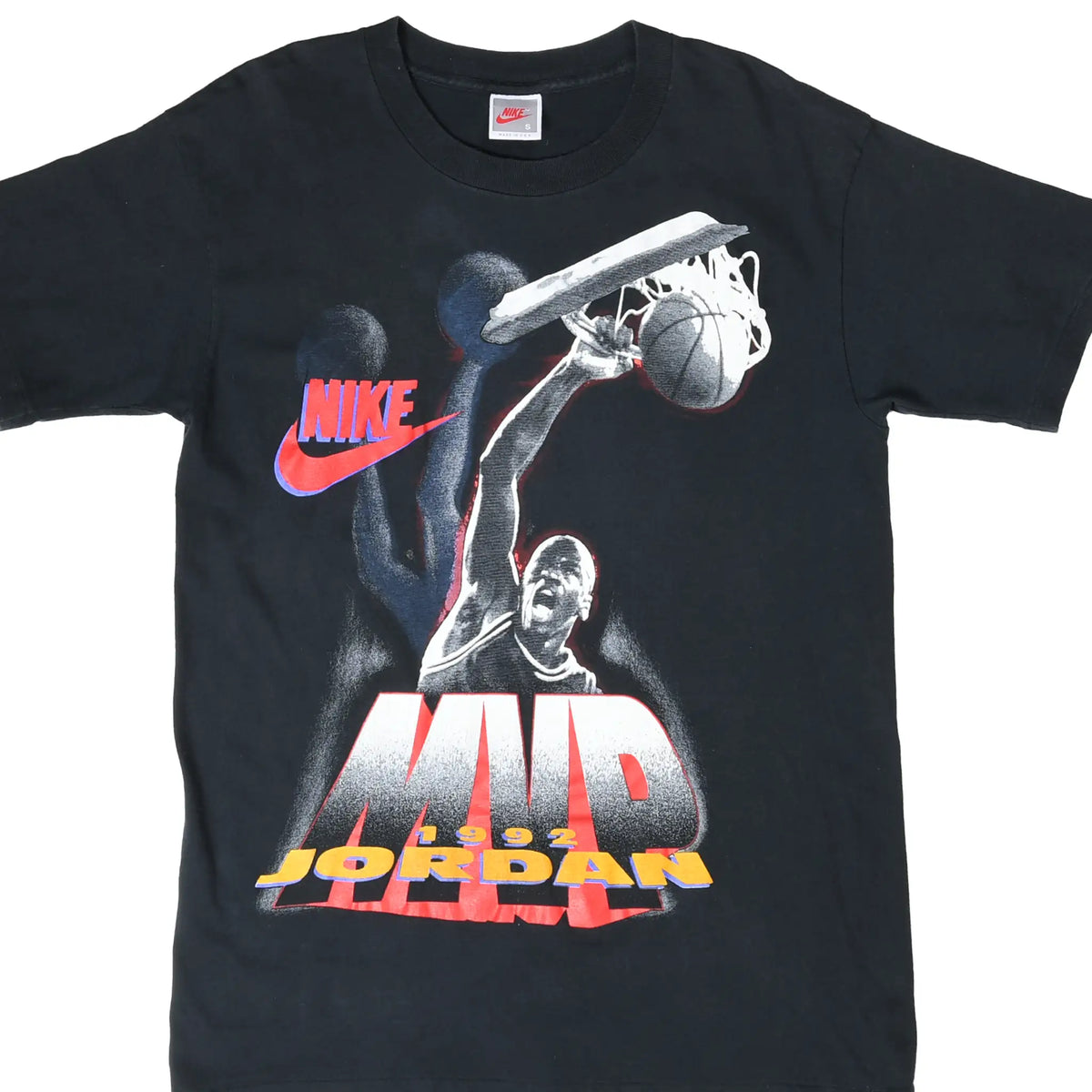 Front of black Nike Air Jordan T-shirt with Michael Jordan dunking and MVP 1992 graphic