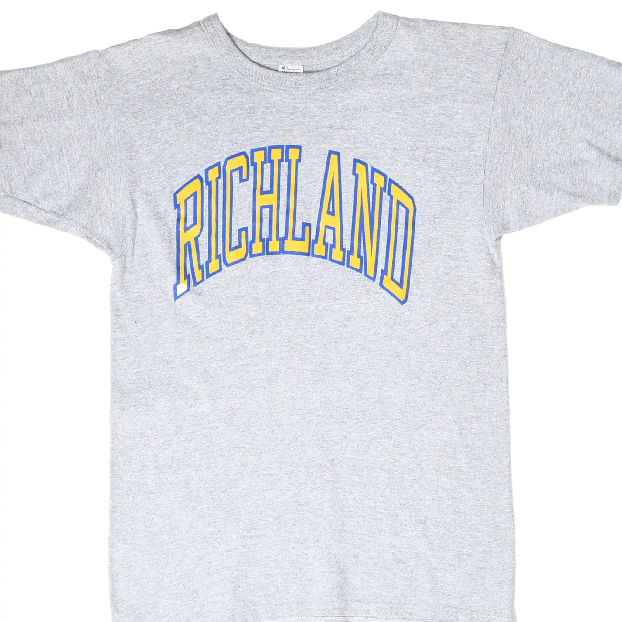 Front of gray Champion T-shirt with arched Richland lettering in blue and gold