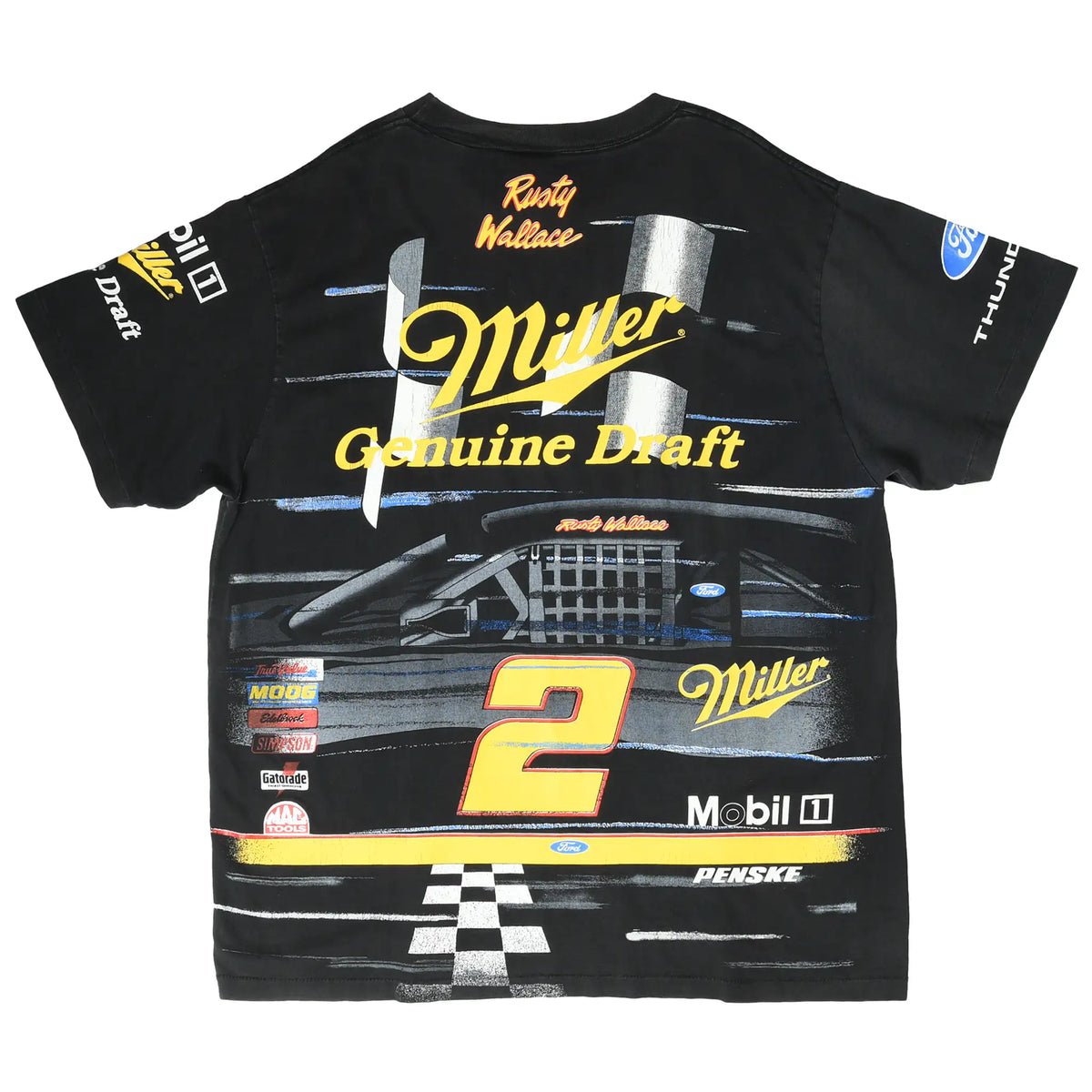 Back of black Rusty Wallace T-shirt with Miller Genuine Draft No. 2 race car graphic