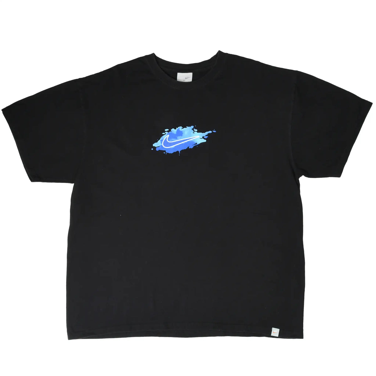Full front of black Nike T-shirt with blue paint splash and white Swoosh graphic