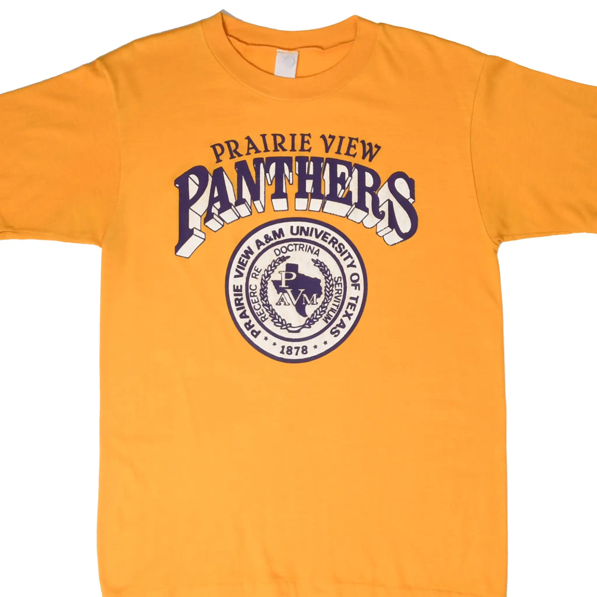 Front of gold Prairie View A&M Panthers T-shirt with purple and white university seal graphic