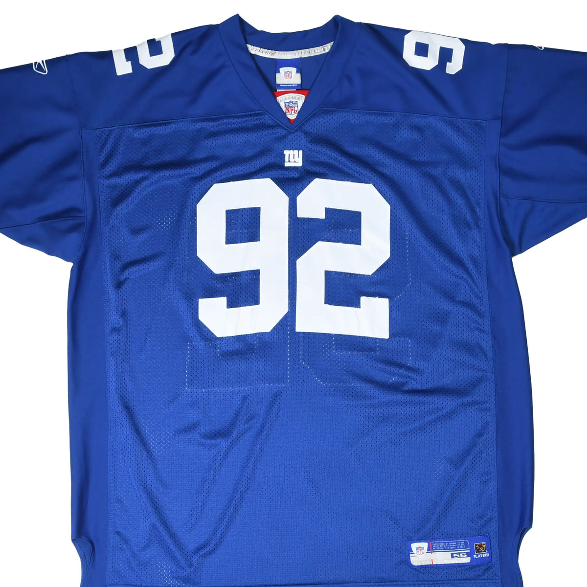 Front of blue New York Giants Reebok jersey with white number 92