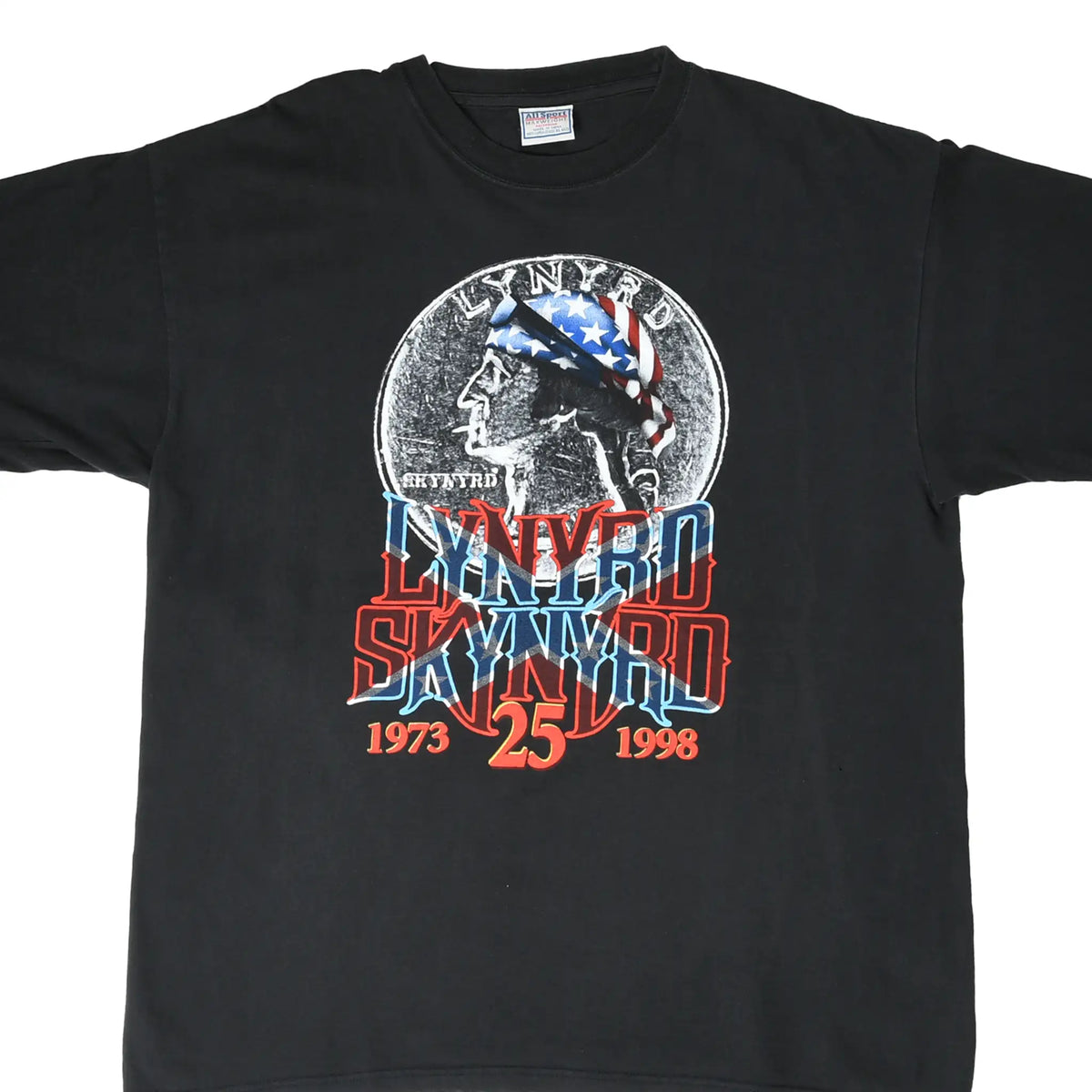 Front of black Lynyrd Skynyrd 25th anniversary T-shirt with red, white, and blue 1973–1998 graphic