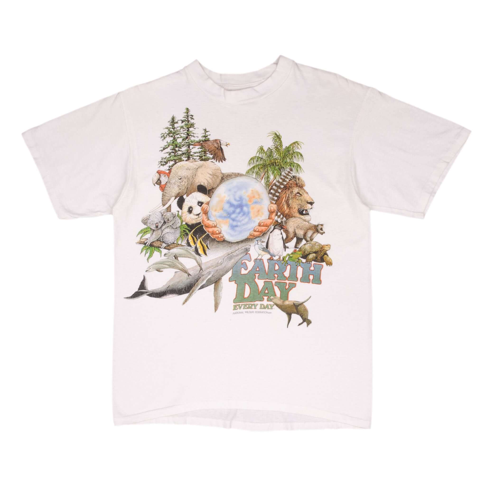 Vintage Animal Print Earth Day National Wildlife Federation Hanes Tee Shirt 1989 Size Medium Made In USA with single stitches sleeves