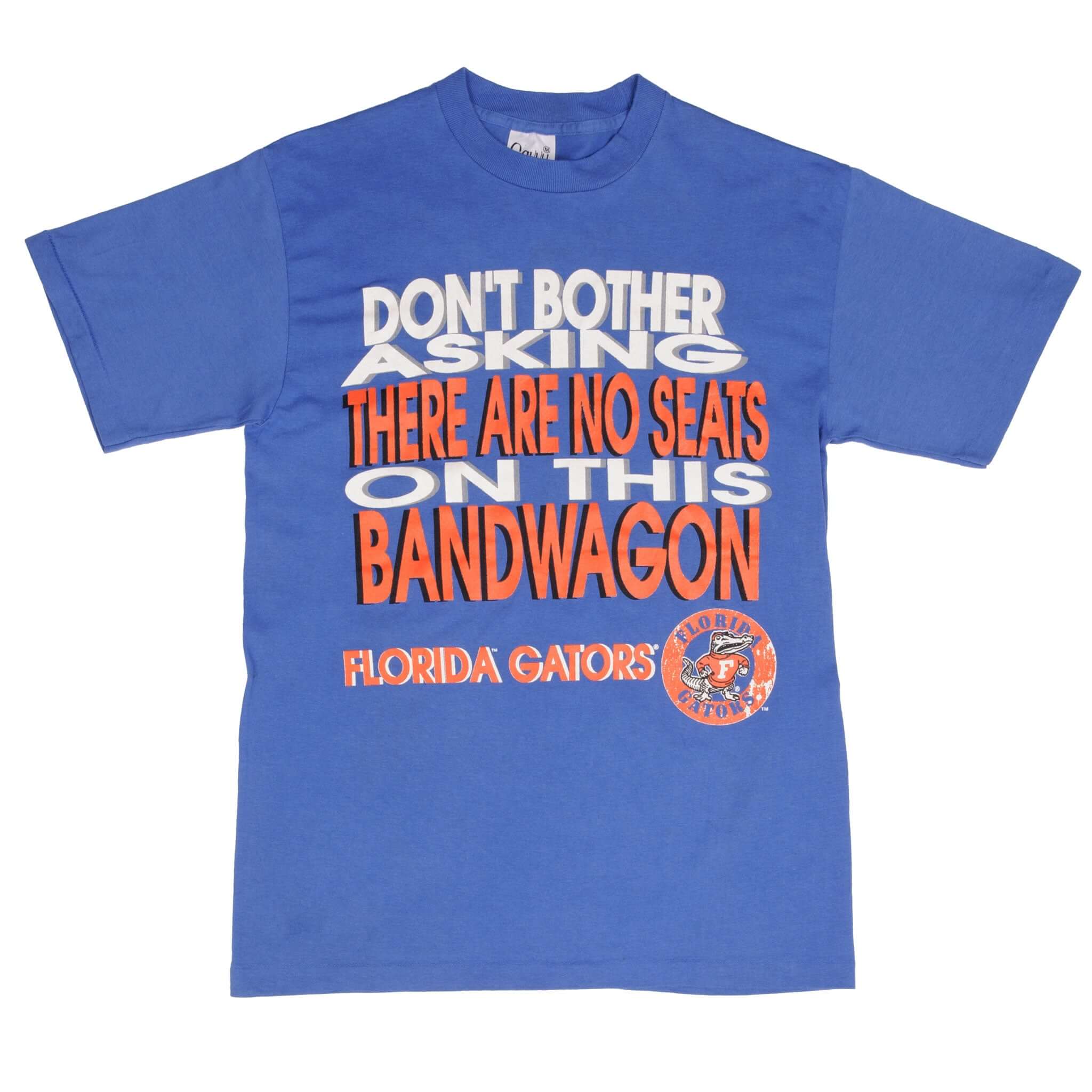 Full front of blue Florida Gators T-shirt with orange and white slogan graphic