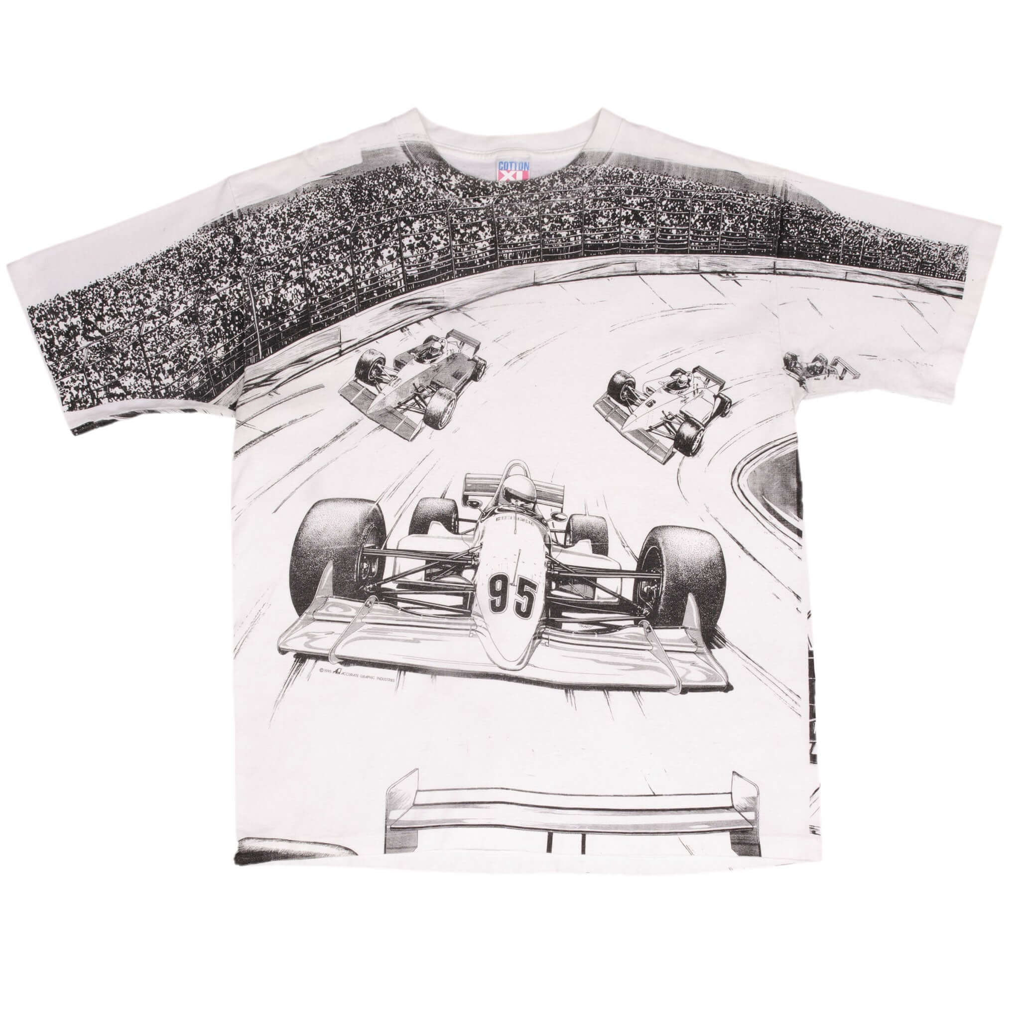 Vintage Racing All Over Print Indy Cars 1995 Tee Shirt Size XL Made In Usa With Single Stitch Sleeves
