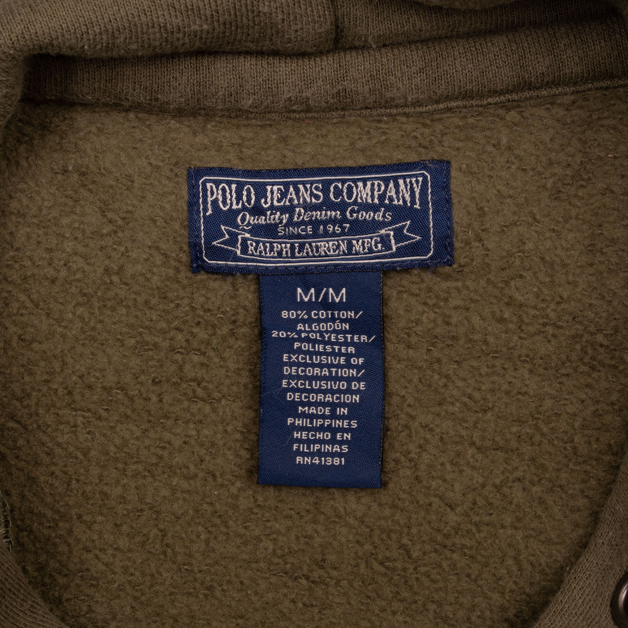 Vintage Ralph Lauren Polo Jeans Olive Green Hoodie Sweatshirt 1990S Size Medium