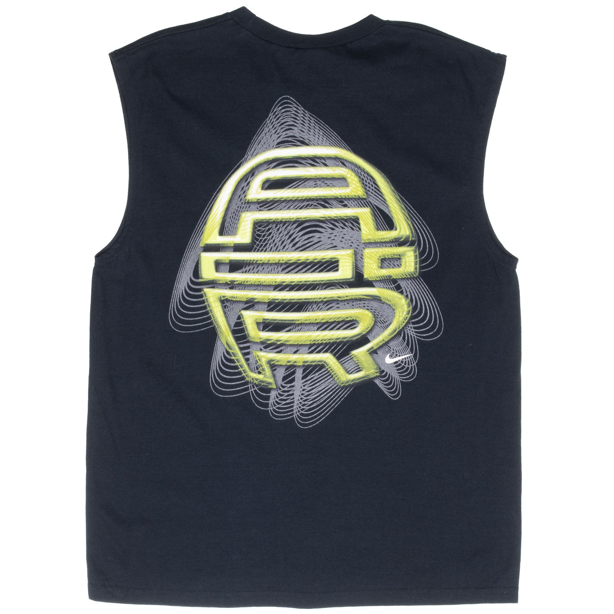 Back of black Nike Air sleeveless shirt with large neon yellow and gray AIR graphic