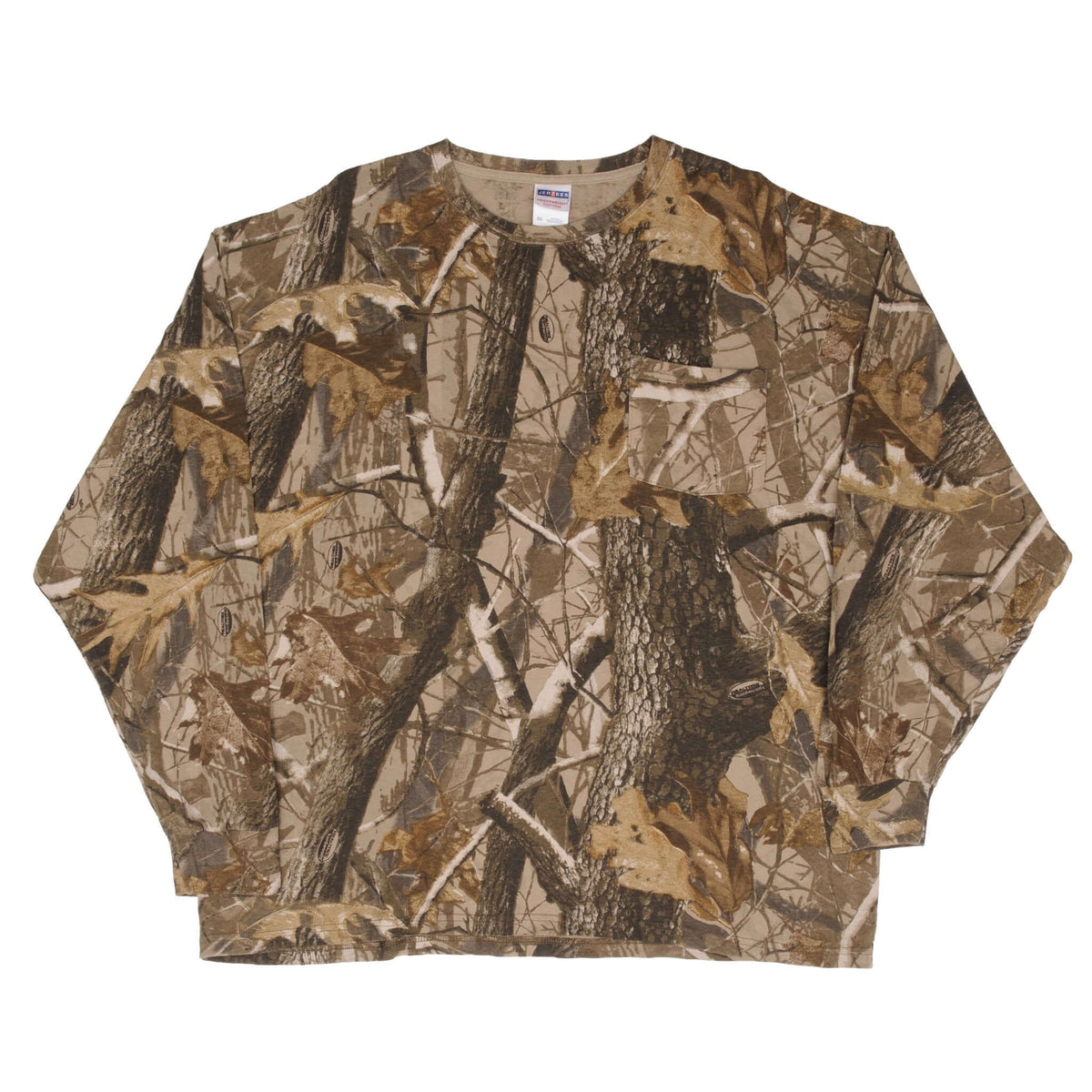Front of Realtree Hardwoods camo long-sleeve T-shirt with chest pocket