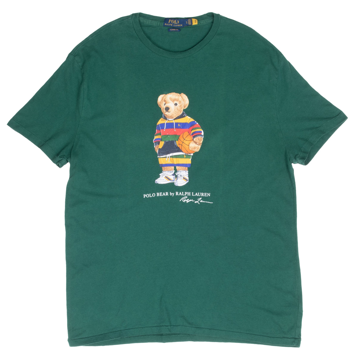 Full front view of green Ralph Lauren tee with Polo Bear holding a basketball