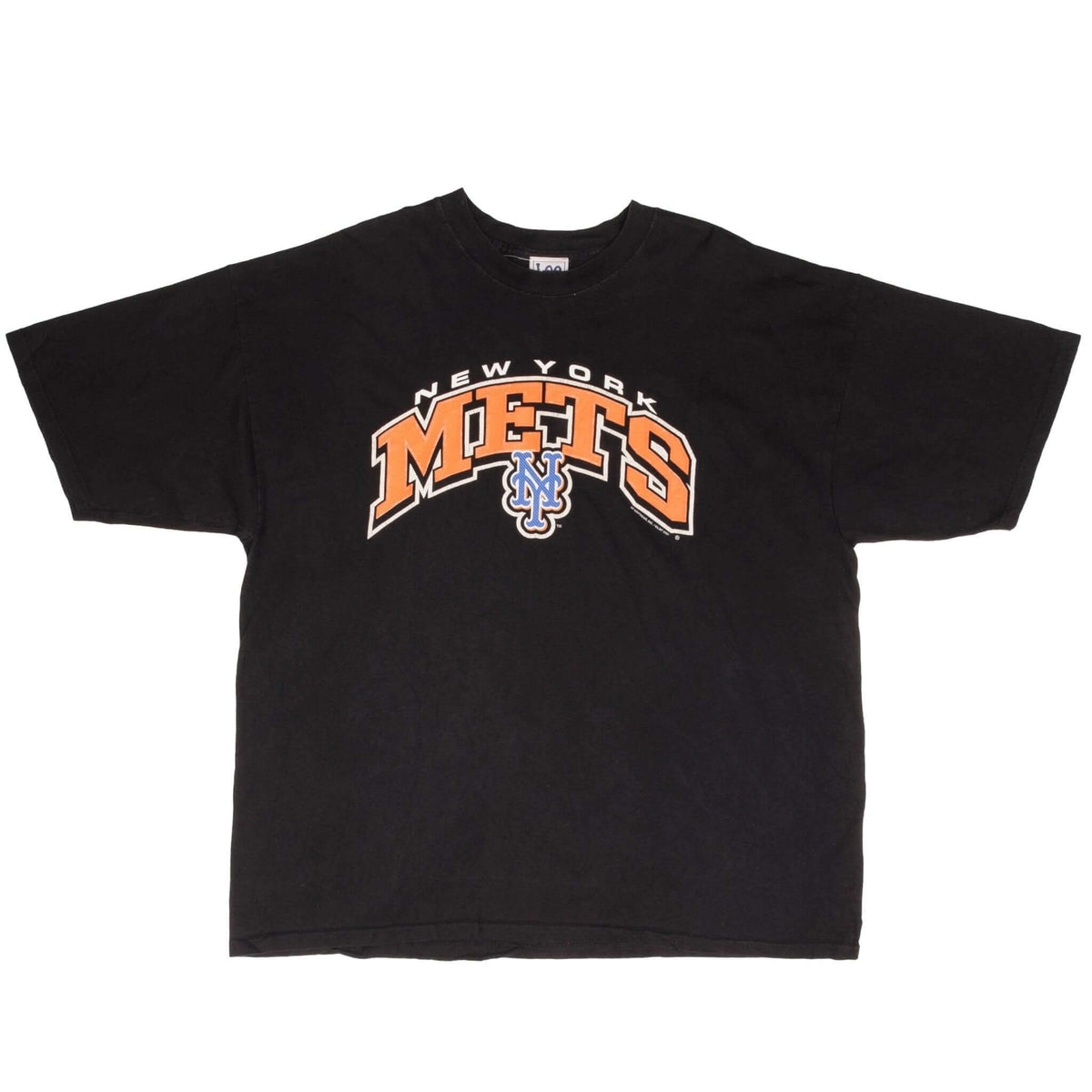 Full front view of black New York Mets short-sleeve T-shirt