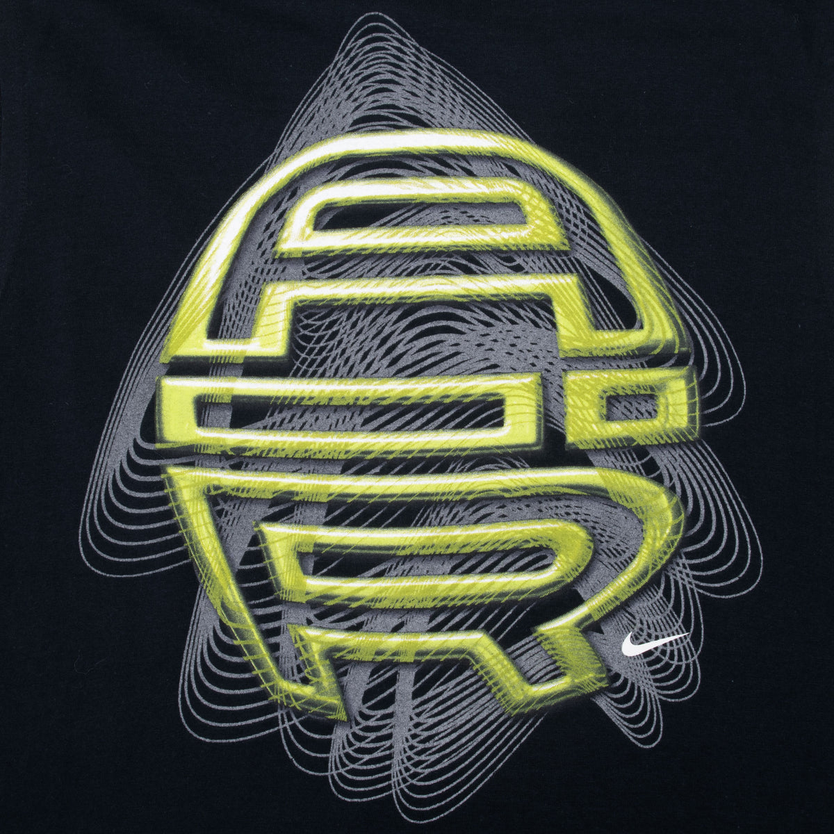 Close-up of neon yellow AIR back graphic with gray line pattern and Nike Swoosh