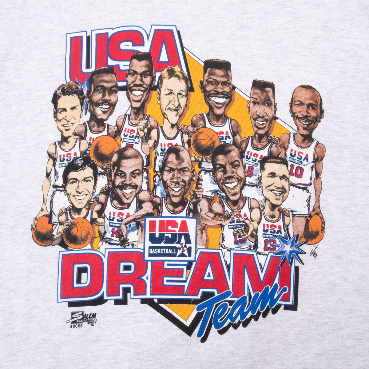 Vintage NBA Dream Team USA With Jordan, Pippen, Barkley, Stockton, Mullin, Robinson, Malone, Bird, Ewing, Johnson Tee Shirt 1992 Size XL Made In USA With Single Stitch Sleeves