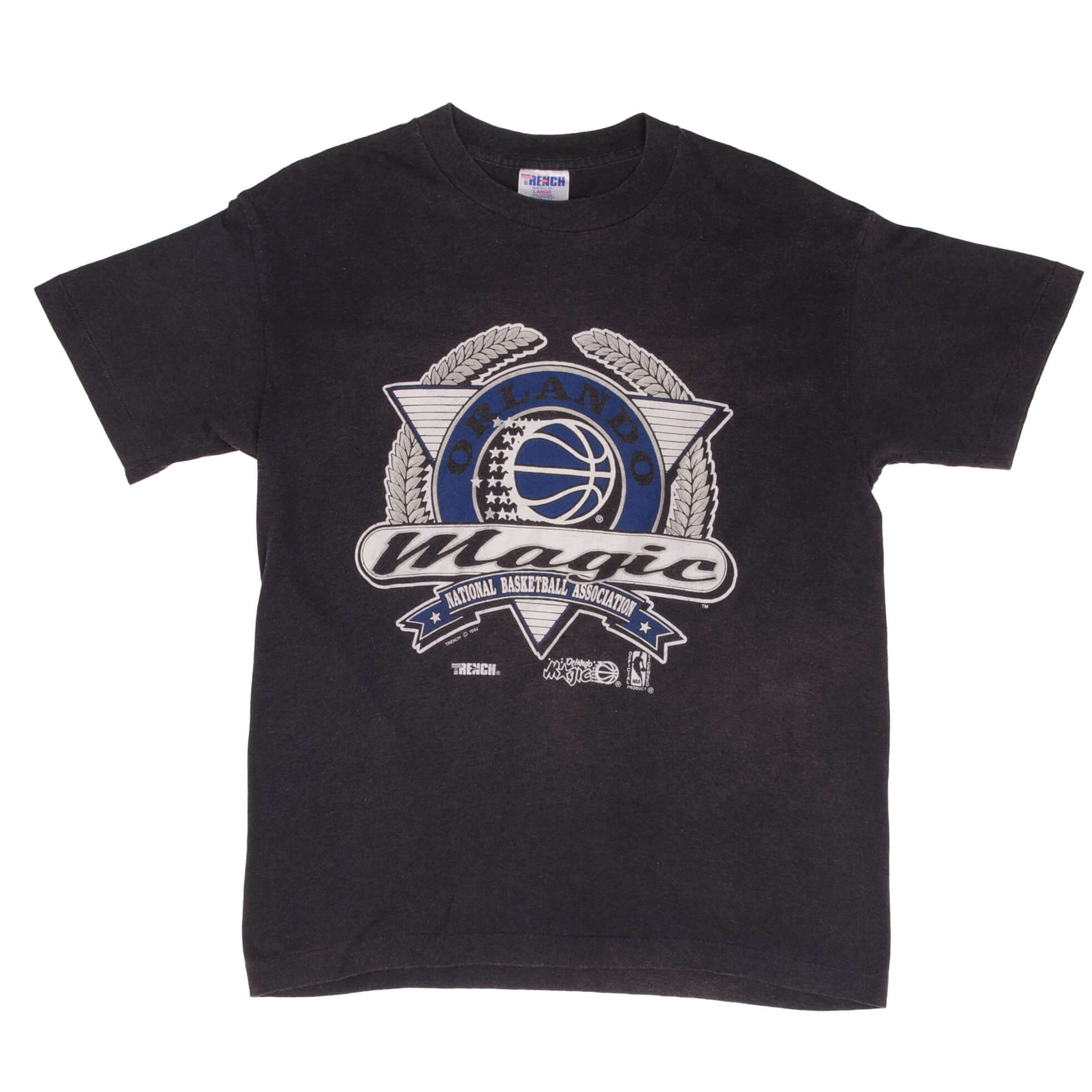Front of black Orlando Magic NBA T-shirt with blue, white and gray crest graphic