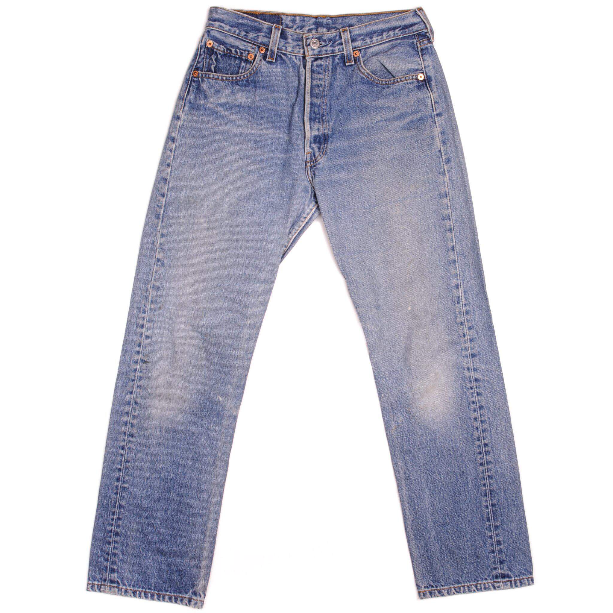 Beautiful Indigo Levis 501 Jeans 1990s Made in USA with a light blue wash and some nice light whiskers. Size on Tag 30X32 ACTUAL SIZE 28X28 Back Button #555