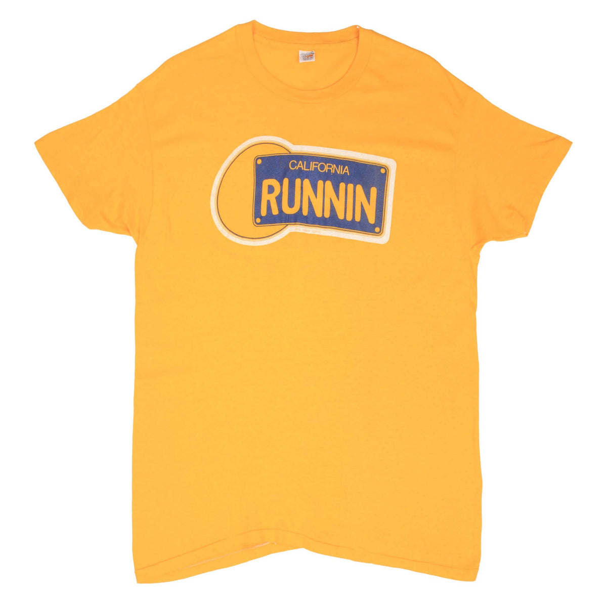 Full front view of orange Hanes T-shirt with California Runnin graphic