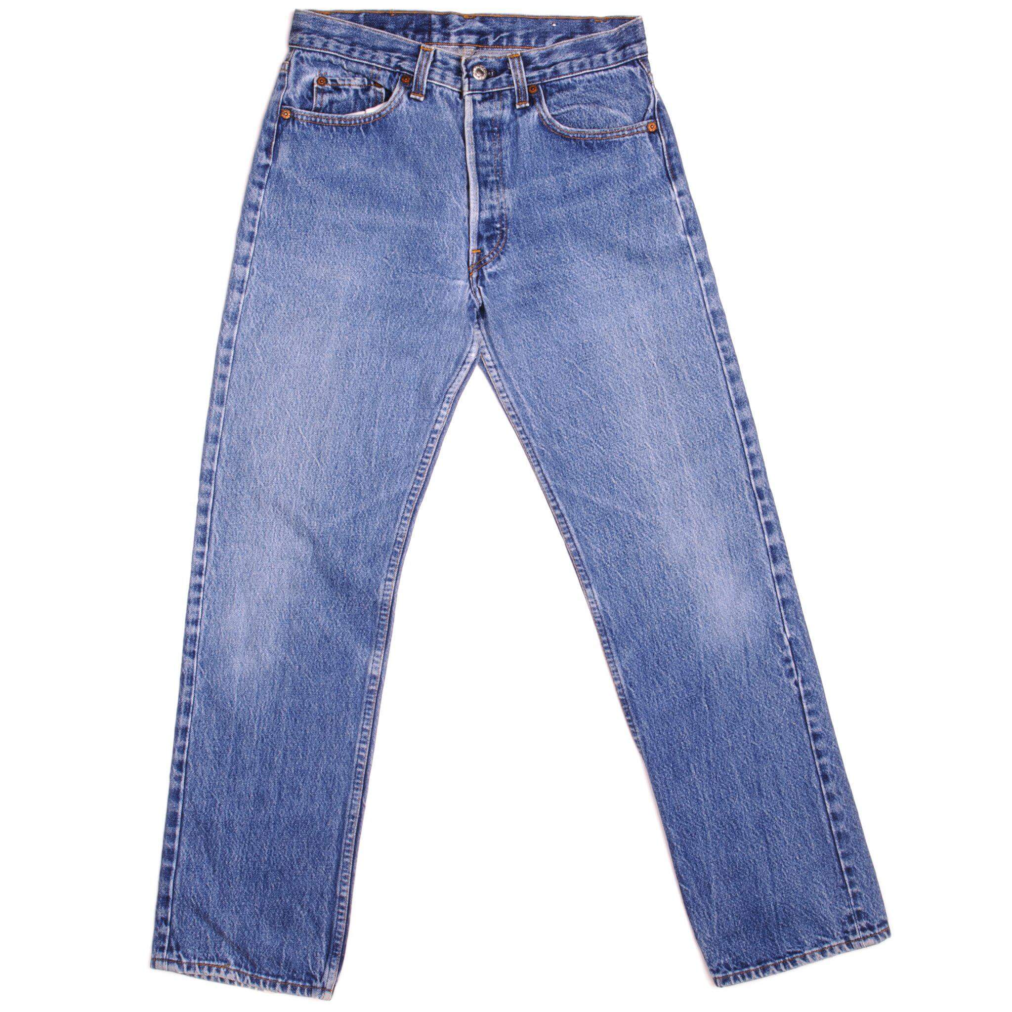 Beautiful Indigo Levis 501 Jeans 1985-1988 Made in USA with a medium blue wash and a nice contrast between light and medium blue. Size on Tag 29X30 ACTUAL SIZE 29X29 Back Button #653