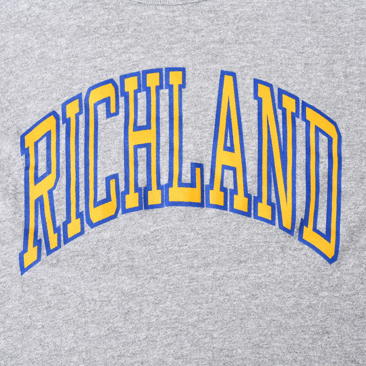Close-up of arched Richland chest print in gold with blue outlines