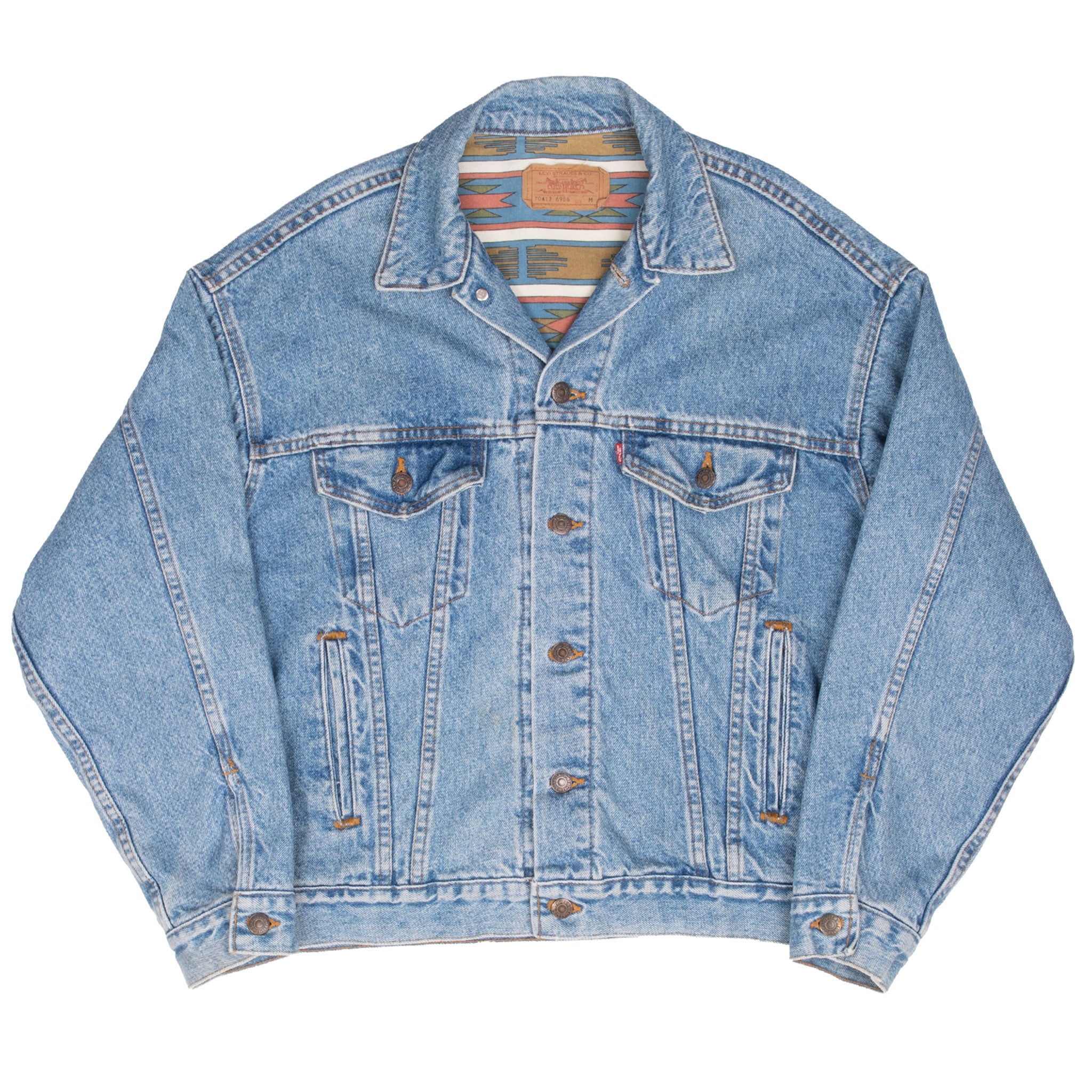 Vintage Levis Type 3 Aztek Lined Denim Jacket 4 Pockets 1980S Size Medium Made In Usa