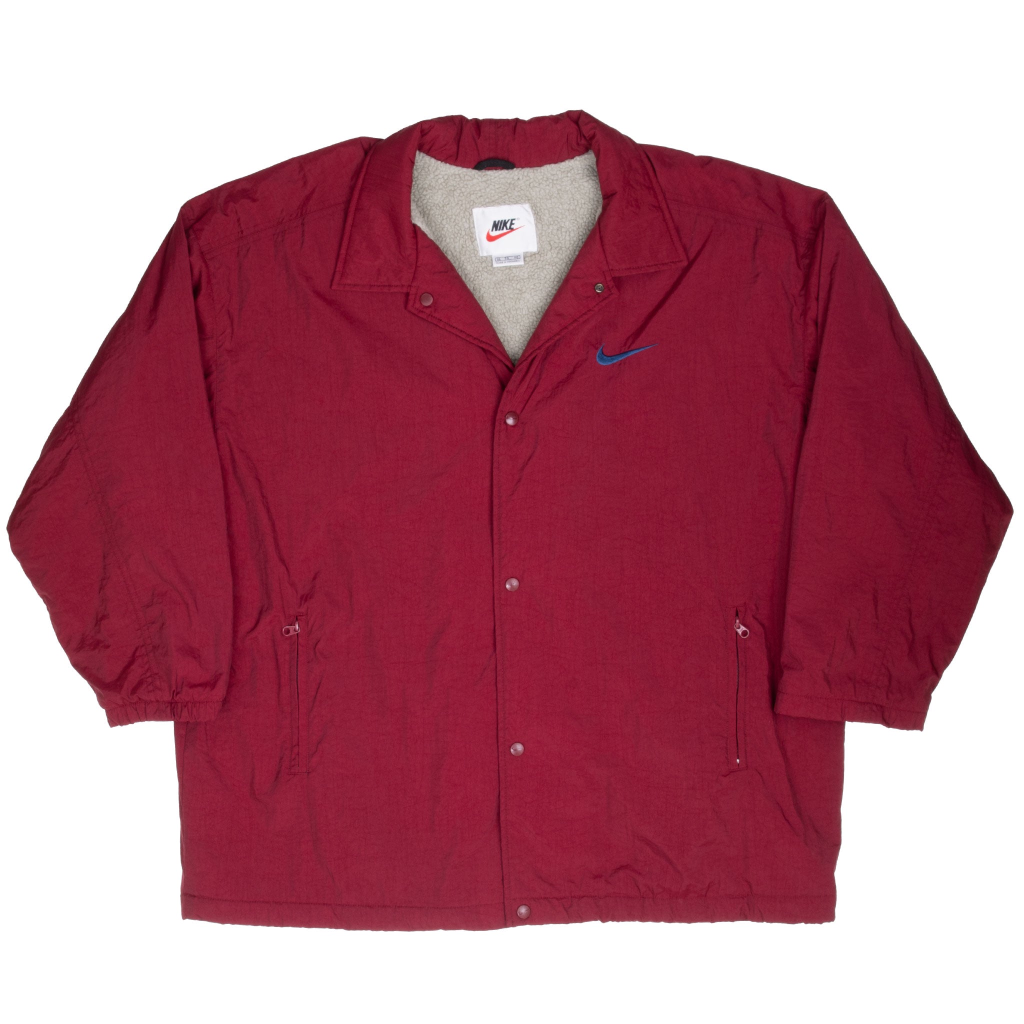 VINTAGE NIKE SPELLOUT SHERPA LINED BURGUNDY WINDBREAKER JACKET 1990S XL