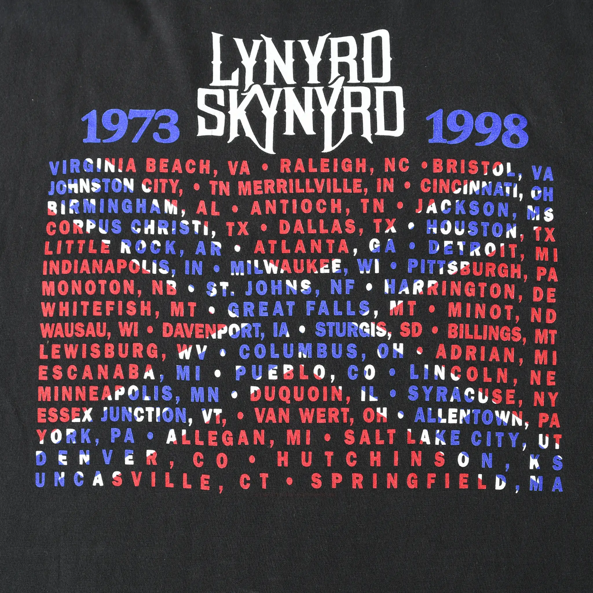 Close-up of back print with Lynyrd Skynyrd 1973–1998 heading and red, white, and blue city list