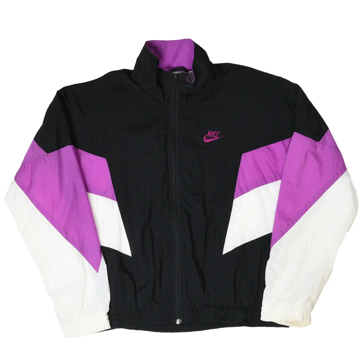 Full front of black Nike zip-up windbreaker with purple and white color-block sleeves