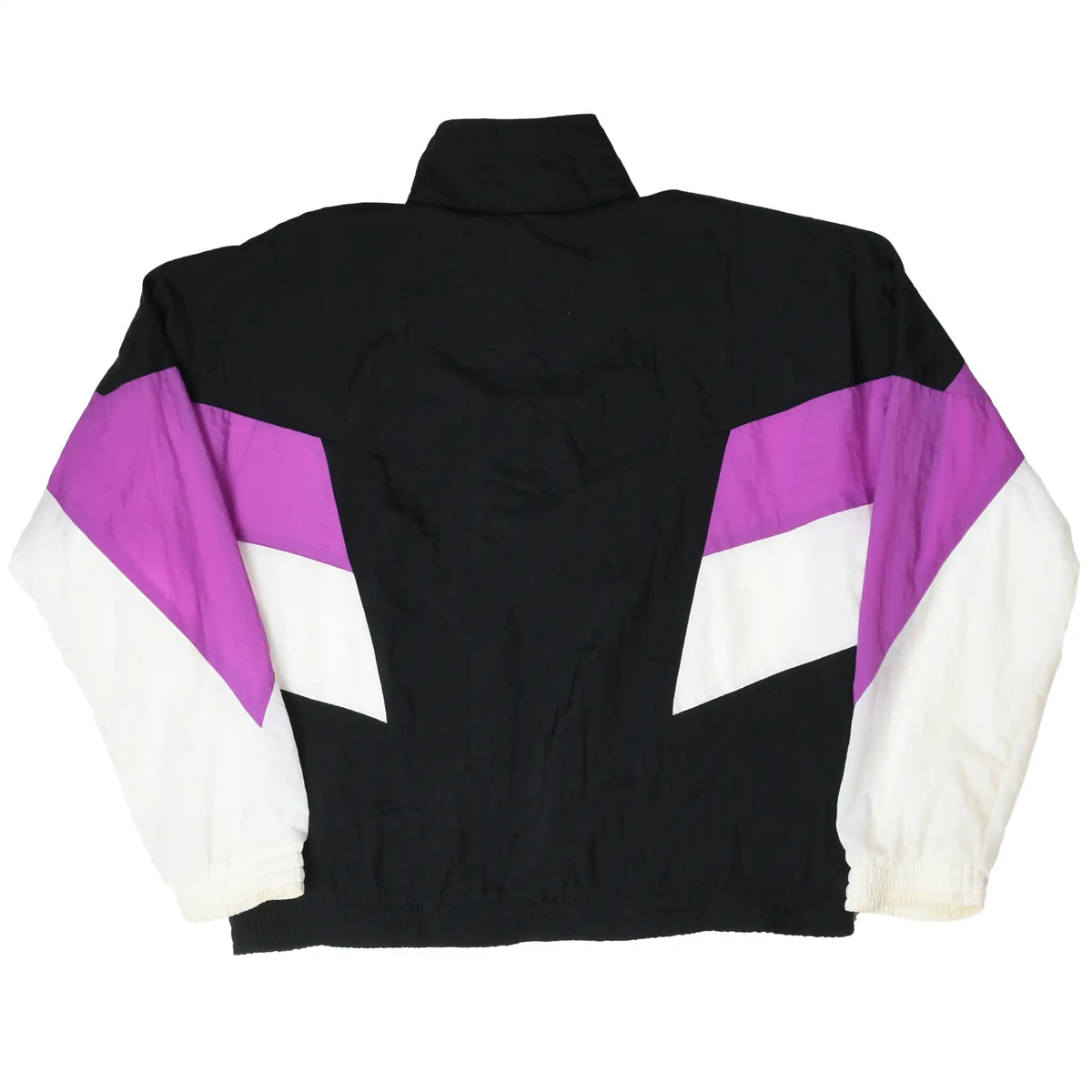 Back of black Nike windbreaker with purple and white color-block sleeves