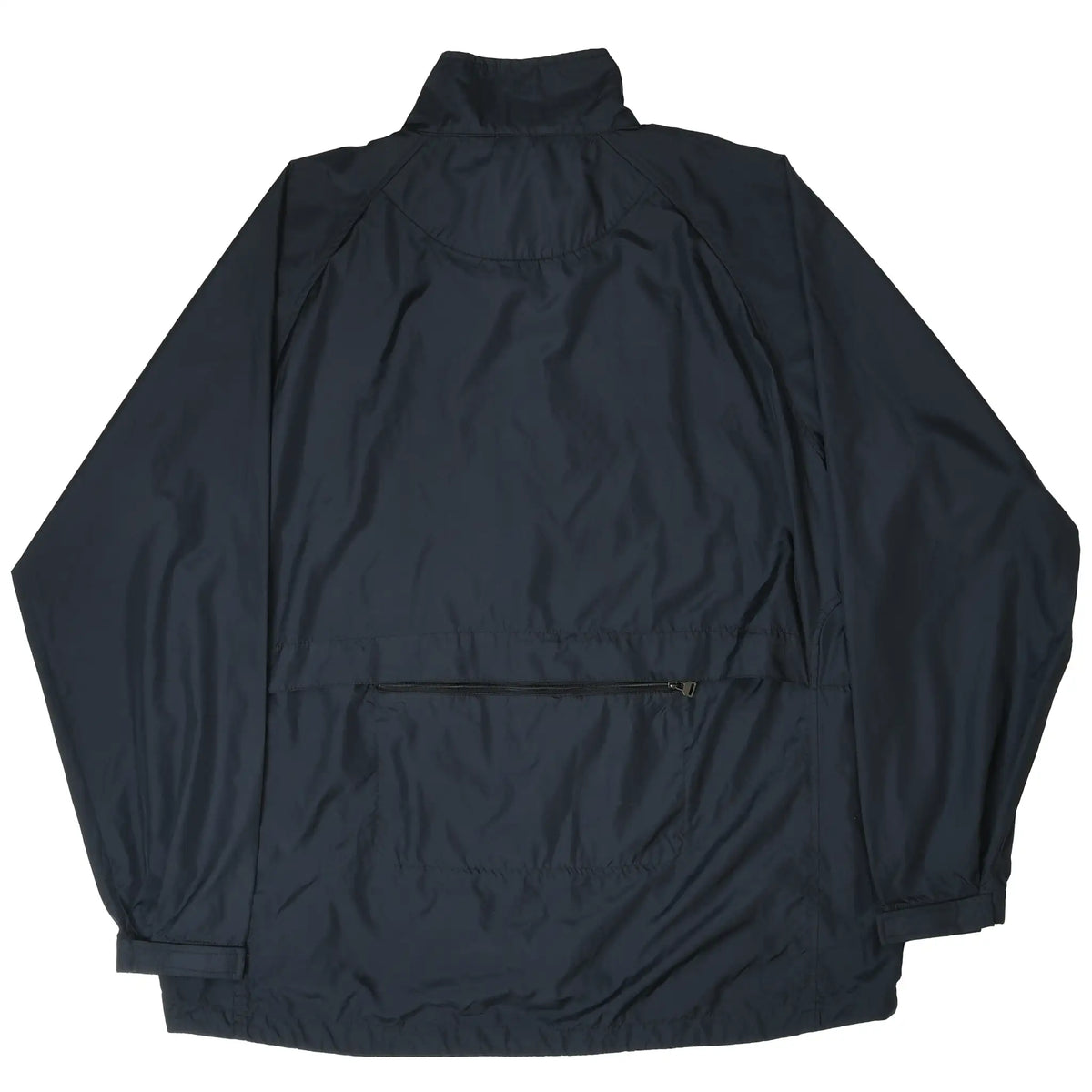 Back of black Nike windbreaker jacket with stand collar and horizontal zippered pocket