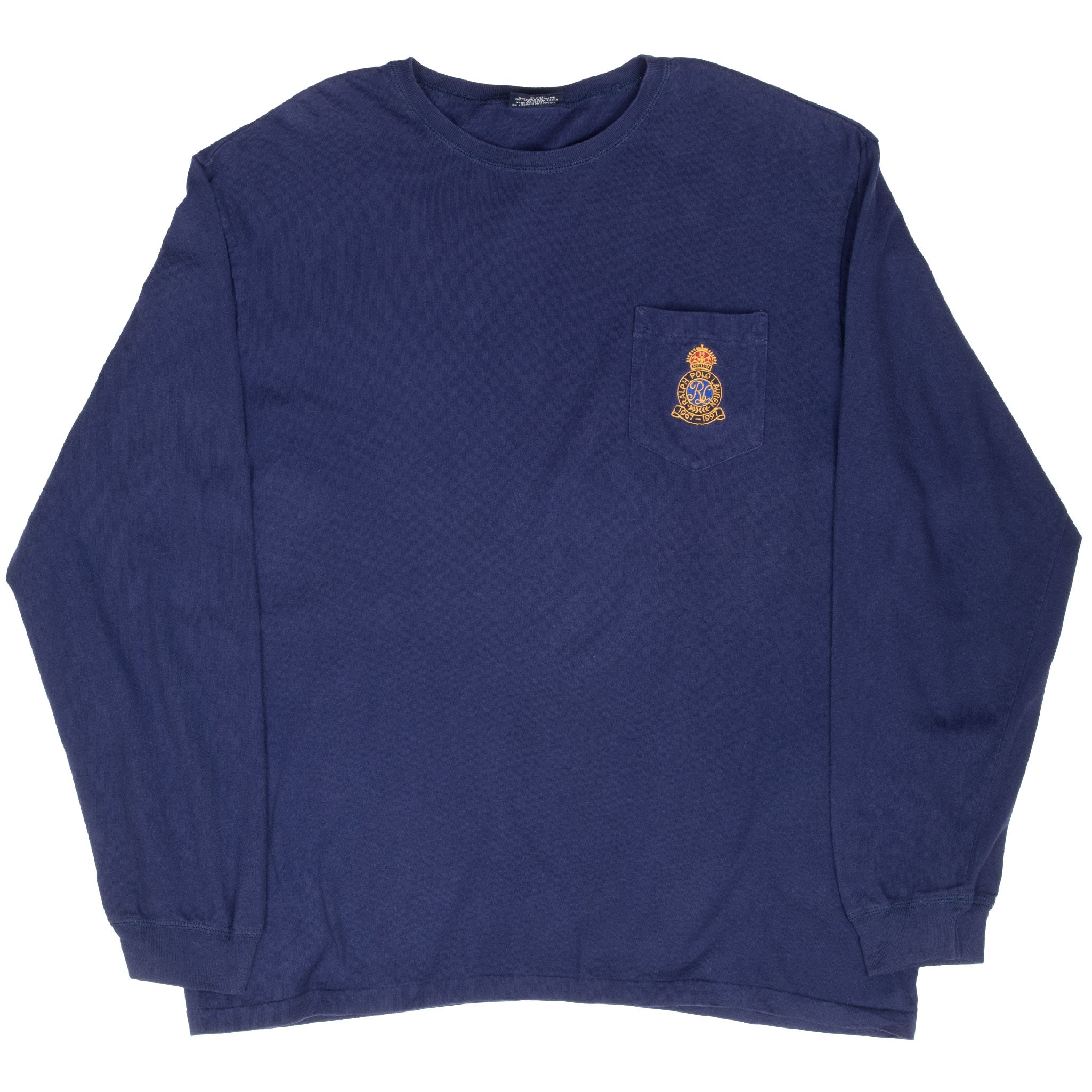 Full front view of navy Polo Ralph Lauren long-sleeve pocket T-shirt