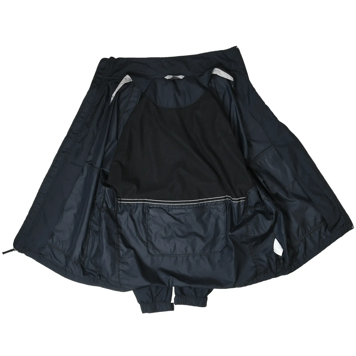 Open black Nike windbreaker showing interior mesh panel, lining, and zippered pocket