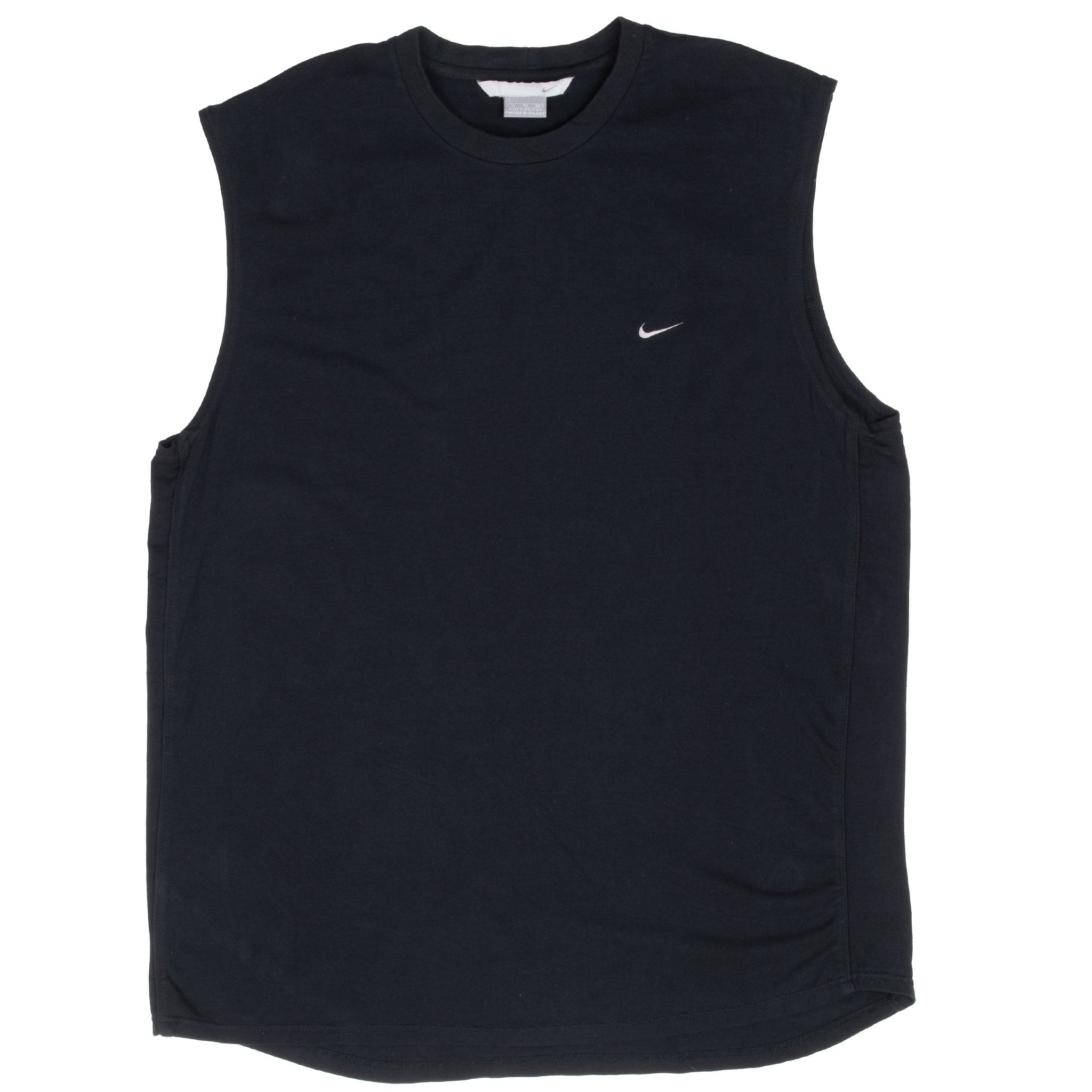 Front of black Nike sleeveless shirt with small white Swoosh on chest