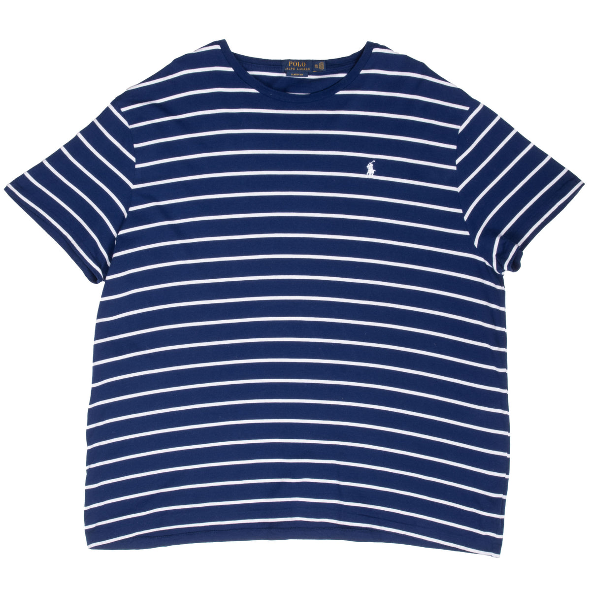 Full front of Polo Ralph Lauren navy and white striped short-sleeve T-shirt